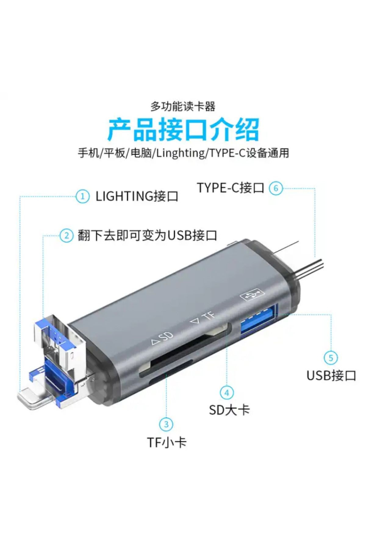 6in1 Usb Otg Kart Okuyucu Type-C ve Lightning Uçlu PC Notebook Uyumlu Mikro SD Kart Okuyucu ADS-306