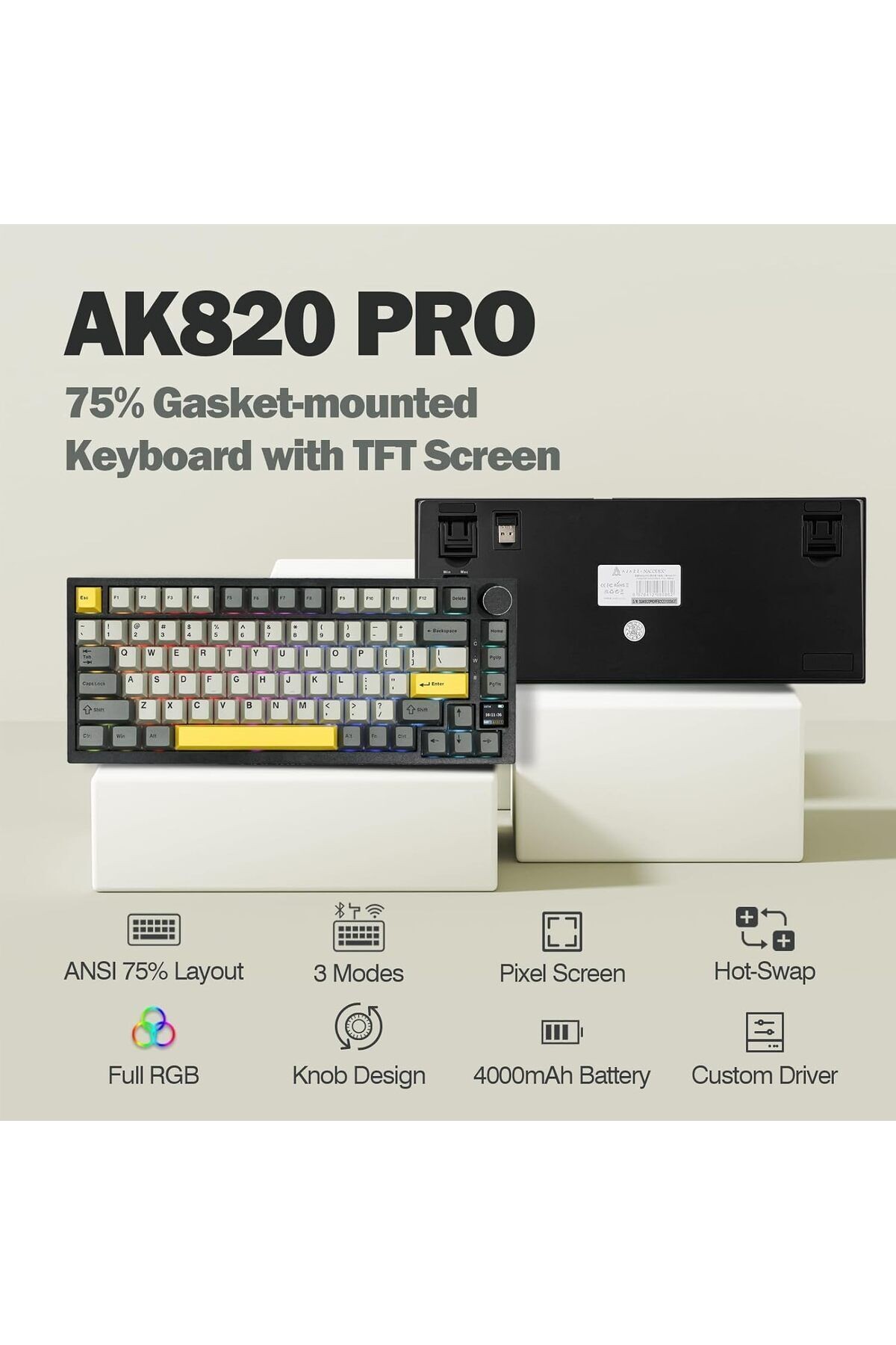 Ajazz Ak820 Pro 3 Modlu %75 Mekanik Klavye, Tft Akıllı Ekran Gasket-mounted Oyun Klavyesi Sarı Siyah