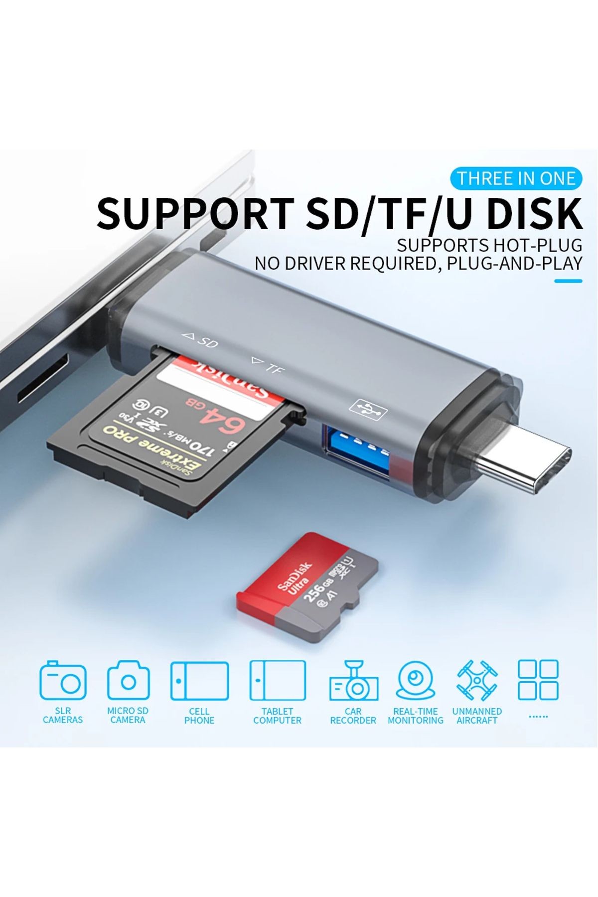 3in1 Usb Otg Kart Okuyucu Type-C ve Lightning Uçlu PC Notebook Uyumlu Mikro SD Kart Okuyucu ADS-307