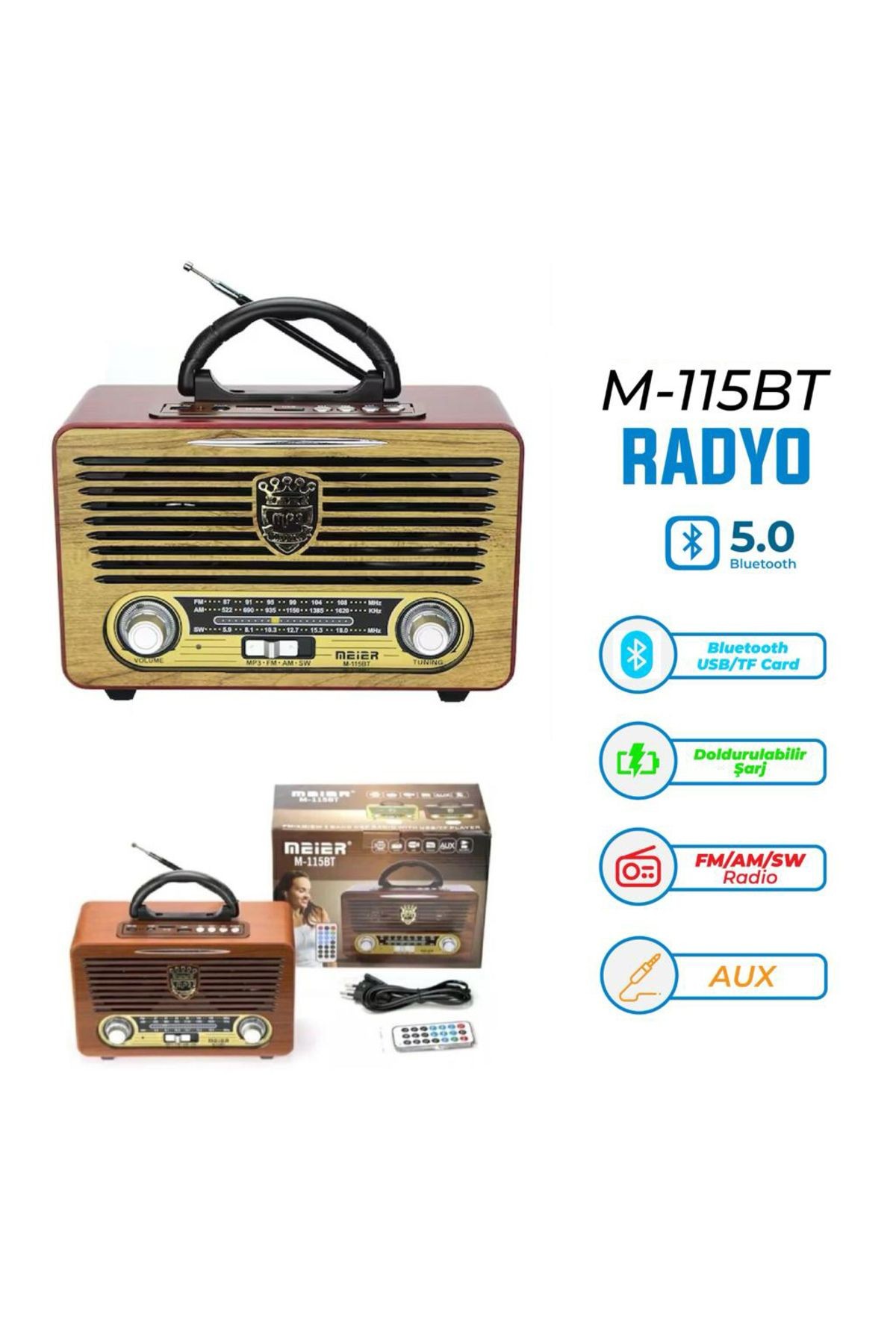 Yeni Nesil Radyo Usb Sd Fm Aux Bluetooth Taşınabilir Müzik Kutusu Retro Şarj Edilebilir M-115bt