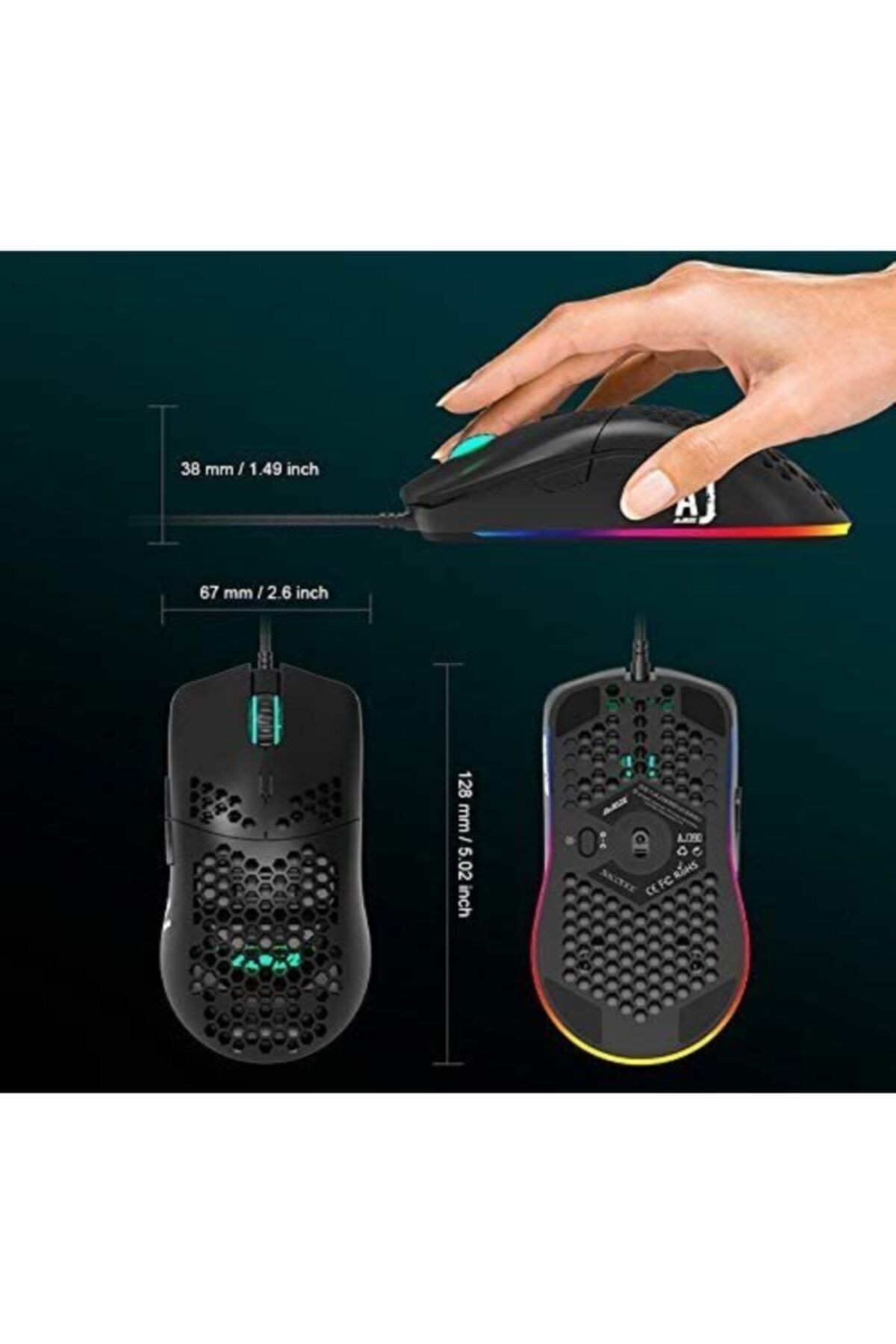 Aj390r Kablolu Işıklı Rgb Ultra Hafif 10.000 Dpı Oyuncu Mouse Siyah