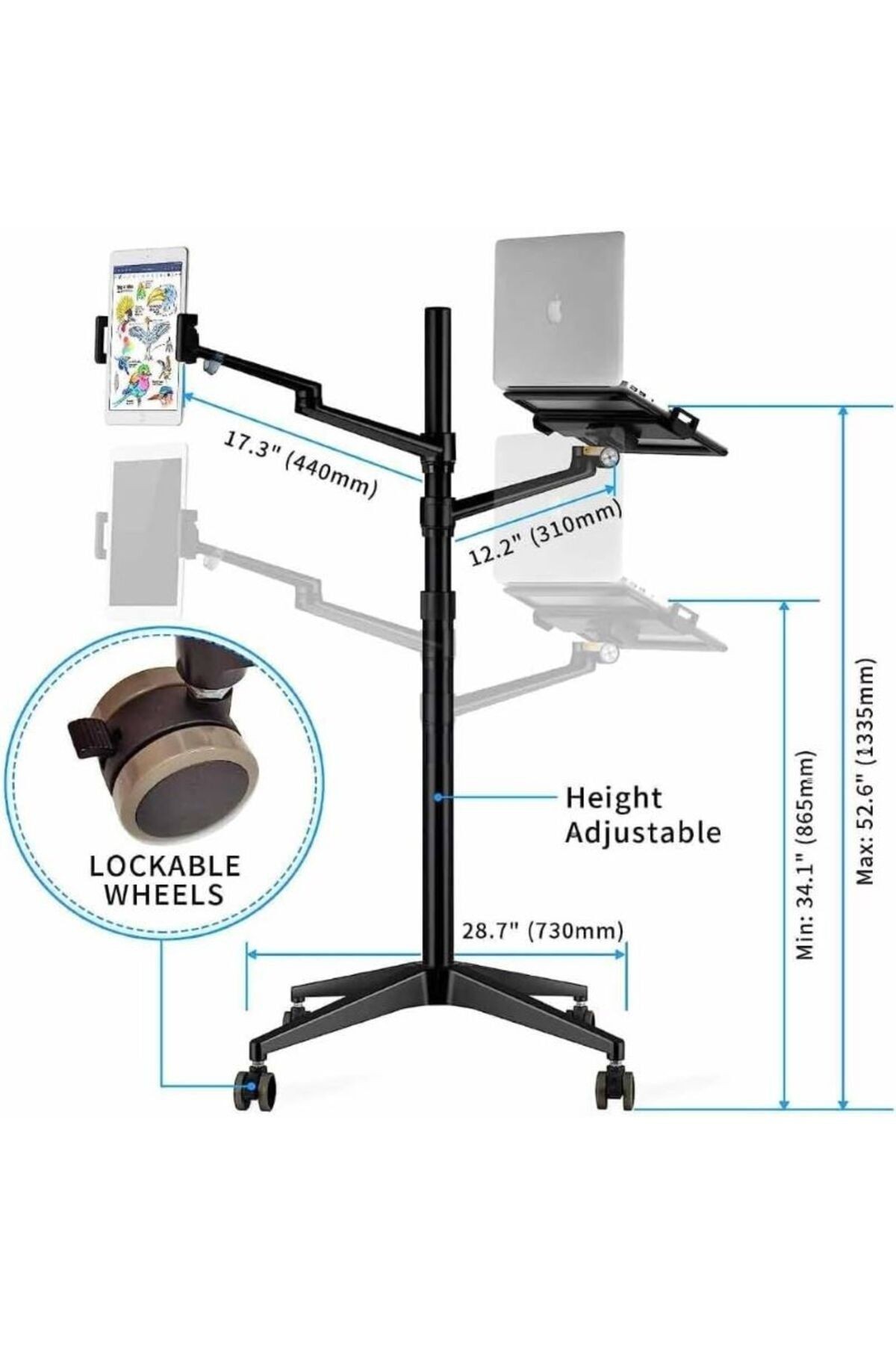 Profesyonel Tablet Notebook Macbook Uyumlu Tekerlekli Stand 360° Yüksekliği Ayarlanabilir 146cm X-9l