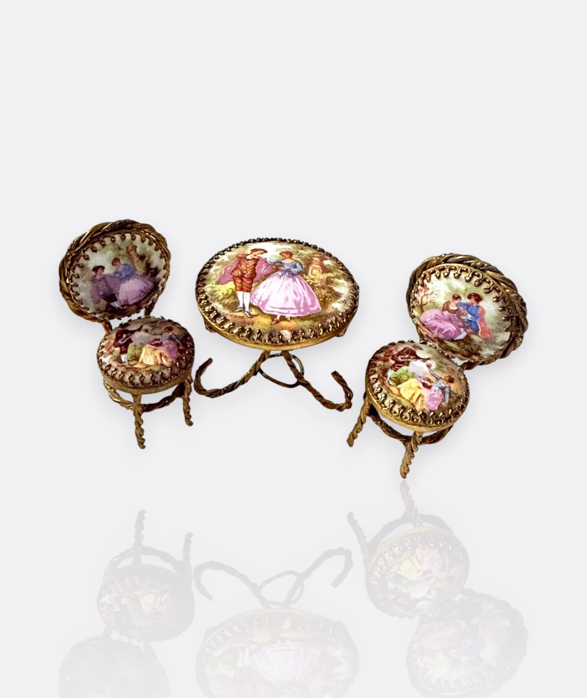 Limoges France – El Boyaması Rokoko Tarzı Minyatür Masa ve Koltuk Seti (3 Parça)