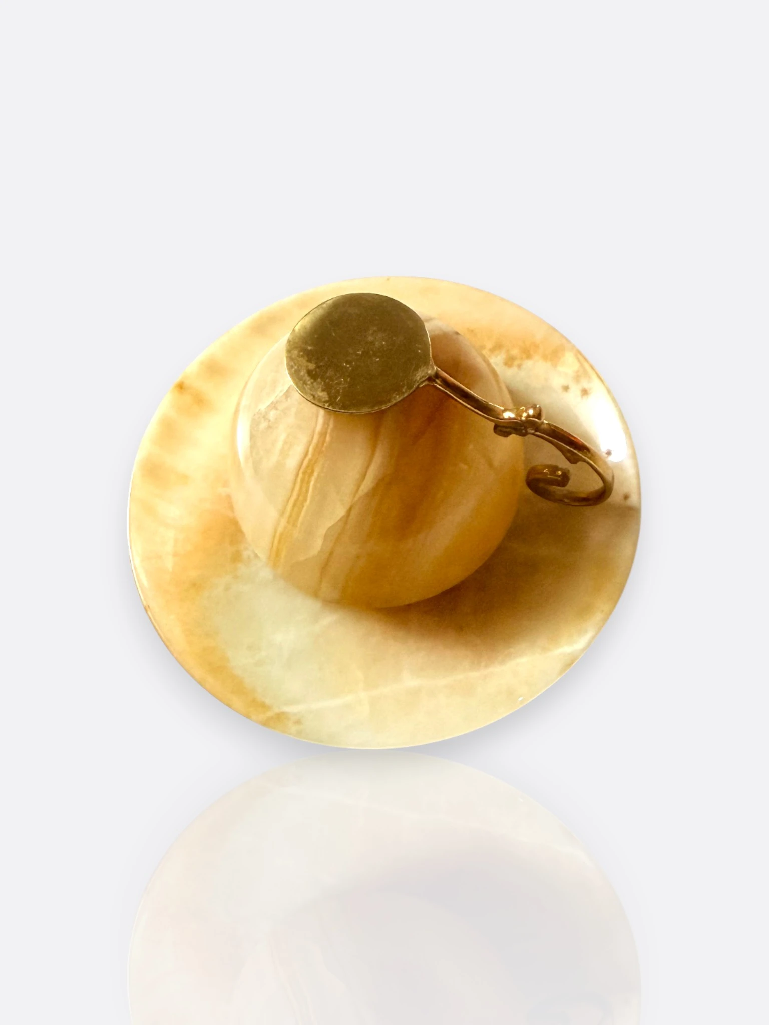 Doğal Oniks Taş Fincan ve Tabak – Pirinç Kulplu Vintage Dekor (Handmade)