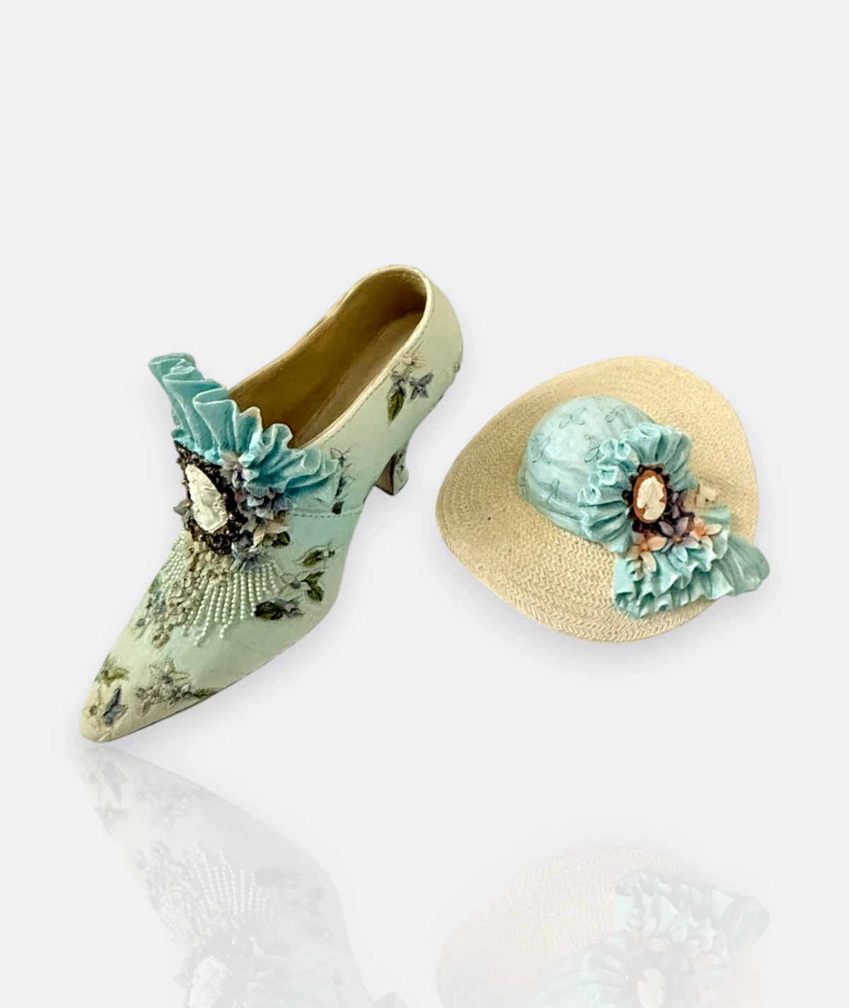 AVON Minyatür Şapka ve Ayakkabı Seti – Mavi Cameo Koleksiyonu (Victorian Style)