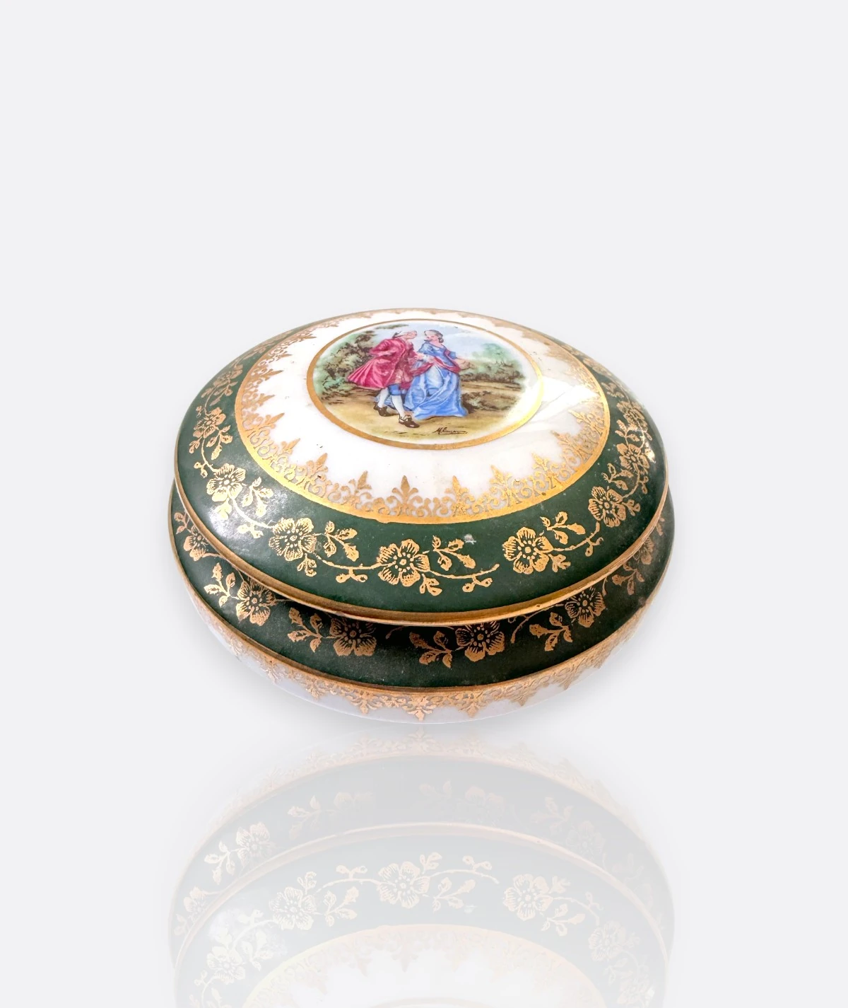 Limoges France Yeşil & Altın Yaldızlı Kapaklı Porselen Kutu 