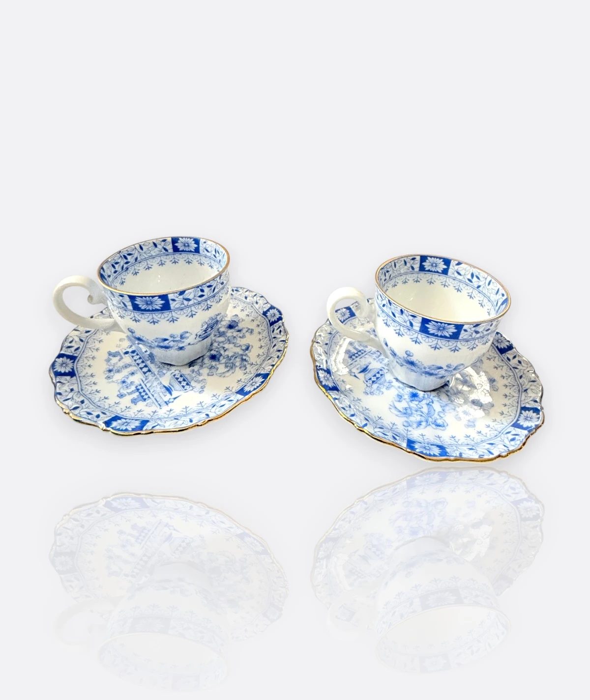 Leitmann Bavaria “Theresia” Kahve Fincan Takımı (2’li) – Mavi Beyaz Altın Yaldızlı Porselen, W. Germany