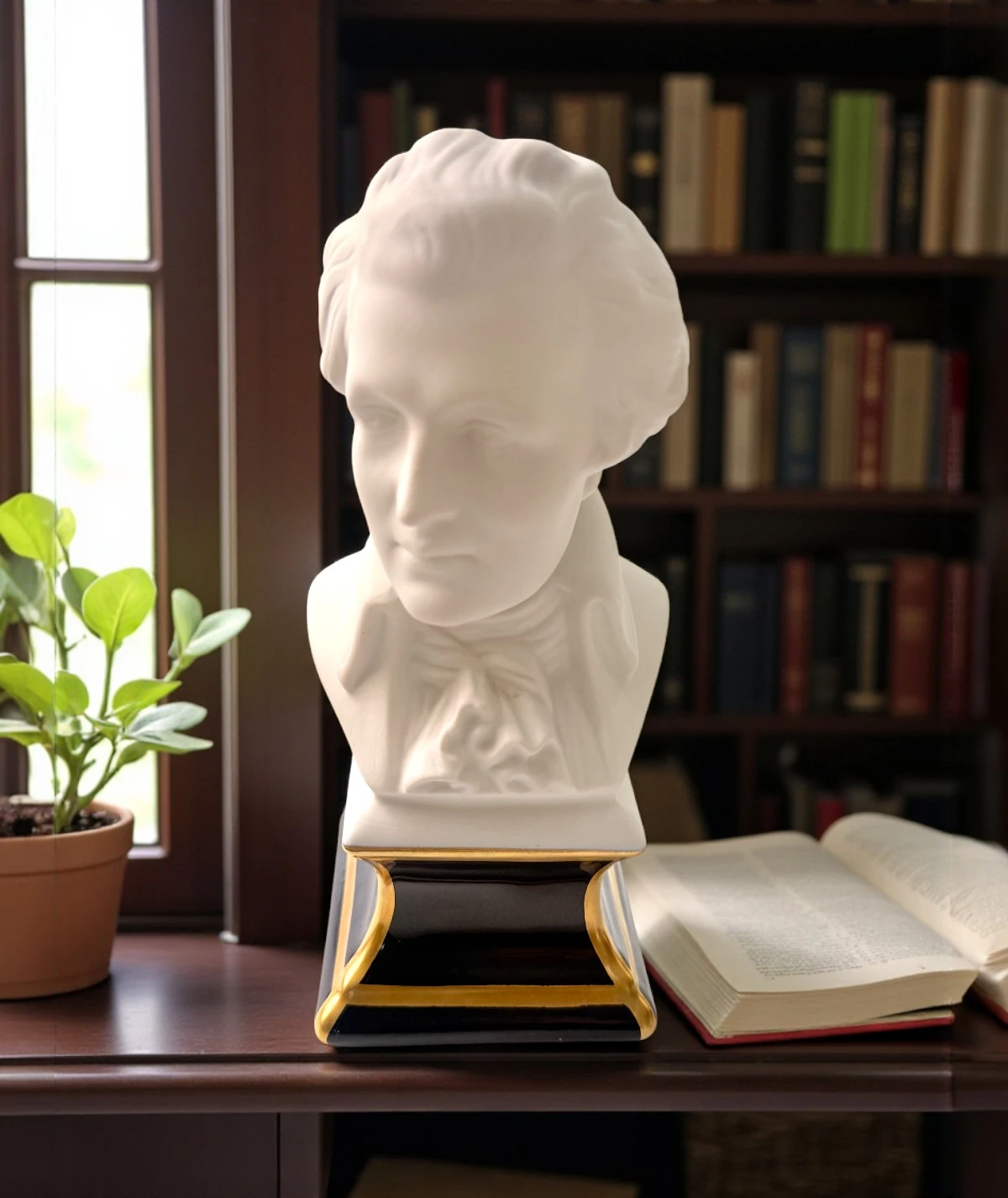 Porcelaines Tharaud Limoges “Mozart” Porselen Büst – Altın Yaldız Kaideli Koleksiyon Parçası