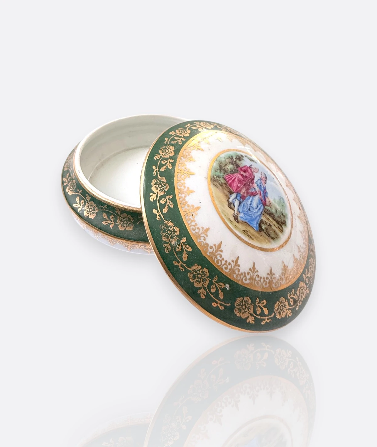 Limoges France Yeşil & Altın Yaldızlı Kapaklı Porselen Kutu 