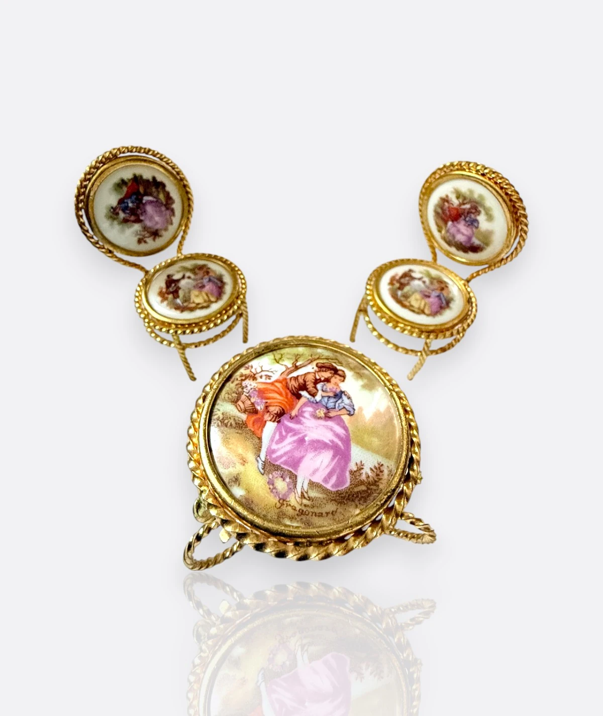 Raynaud Limoges France – El Boyaması Rokoko Tarzı 3 Parça Minyatür Masa ve Sandalye Seti (24 Ayar Yaldızlı)