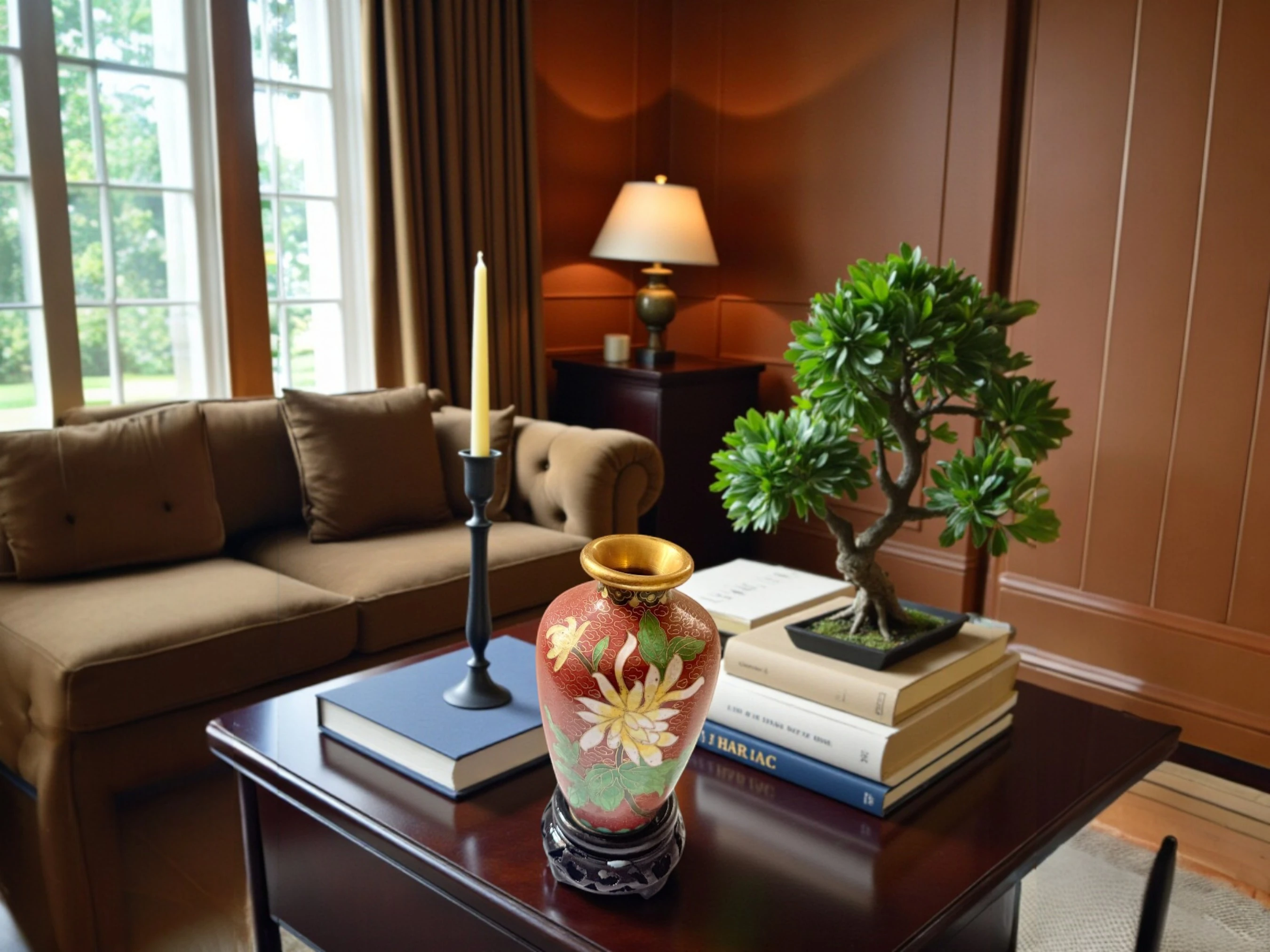 Japon Cloisonné Minyatür Vazo – Kırmızı Zemin Üzerinde Beyaz Çiçek Desenli, El İşçiliği