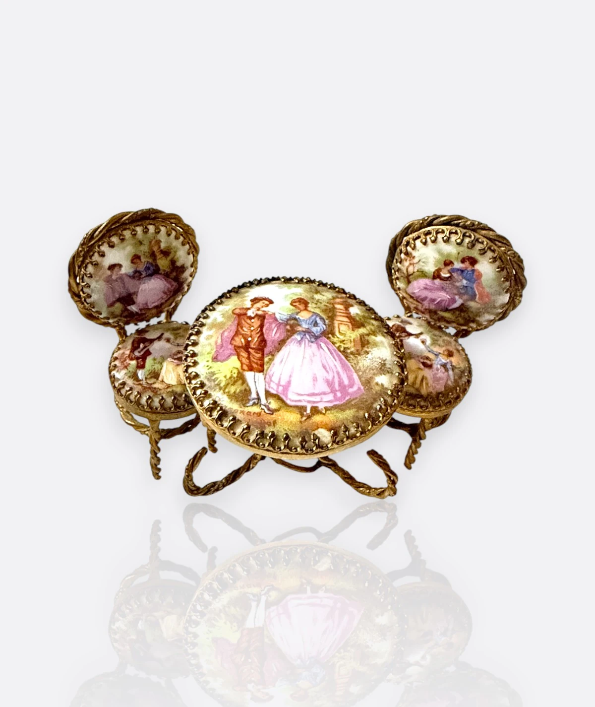 Limoges France – El Boyaması Rokoko Tarzı Minyatür Masa ve Koltuk Seti (3 Parça)