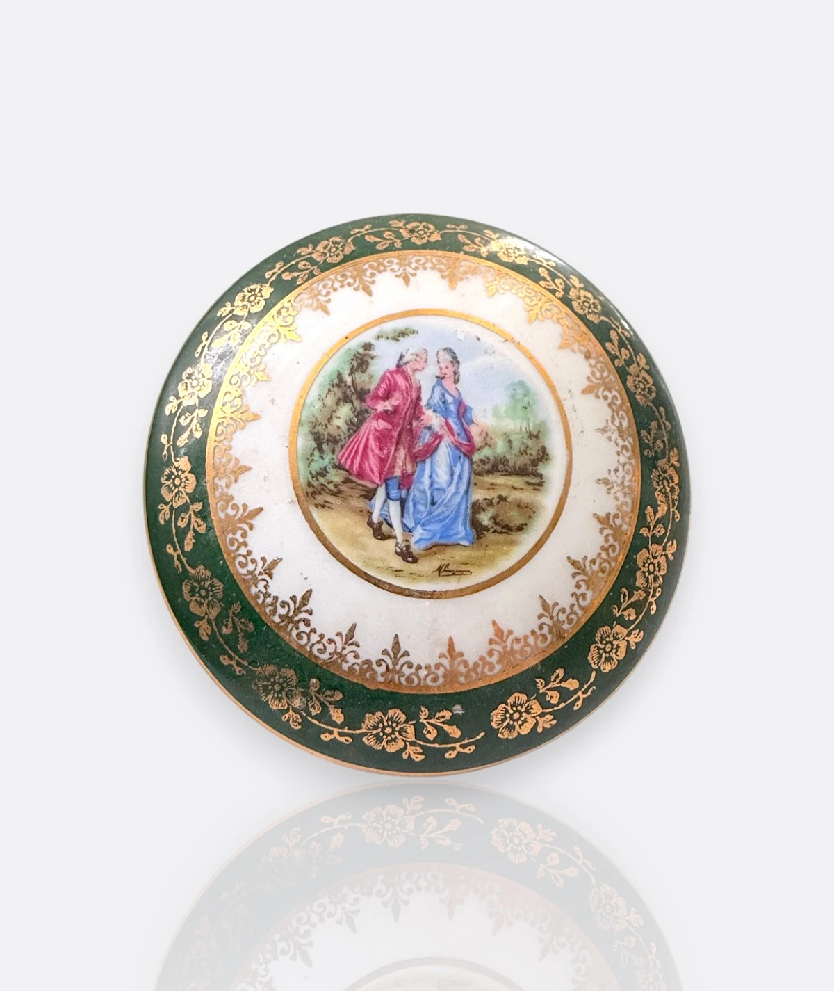 Limoges France Yeşil & Altın Yaldızlı Kapaklı Porselen Kutu 