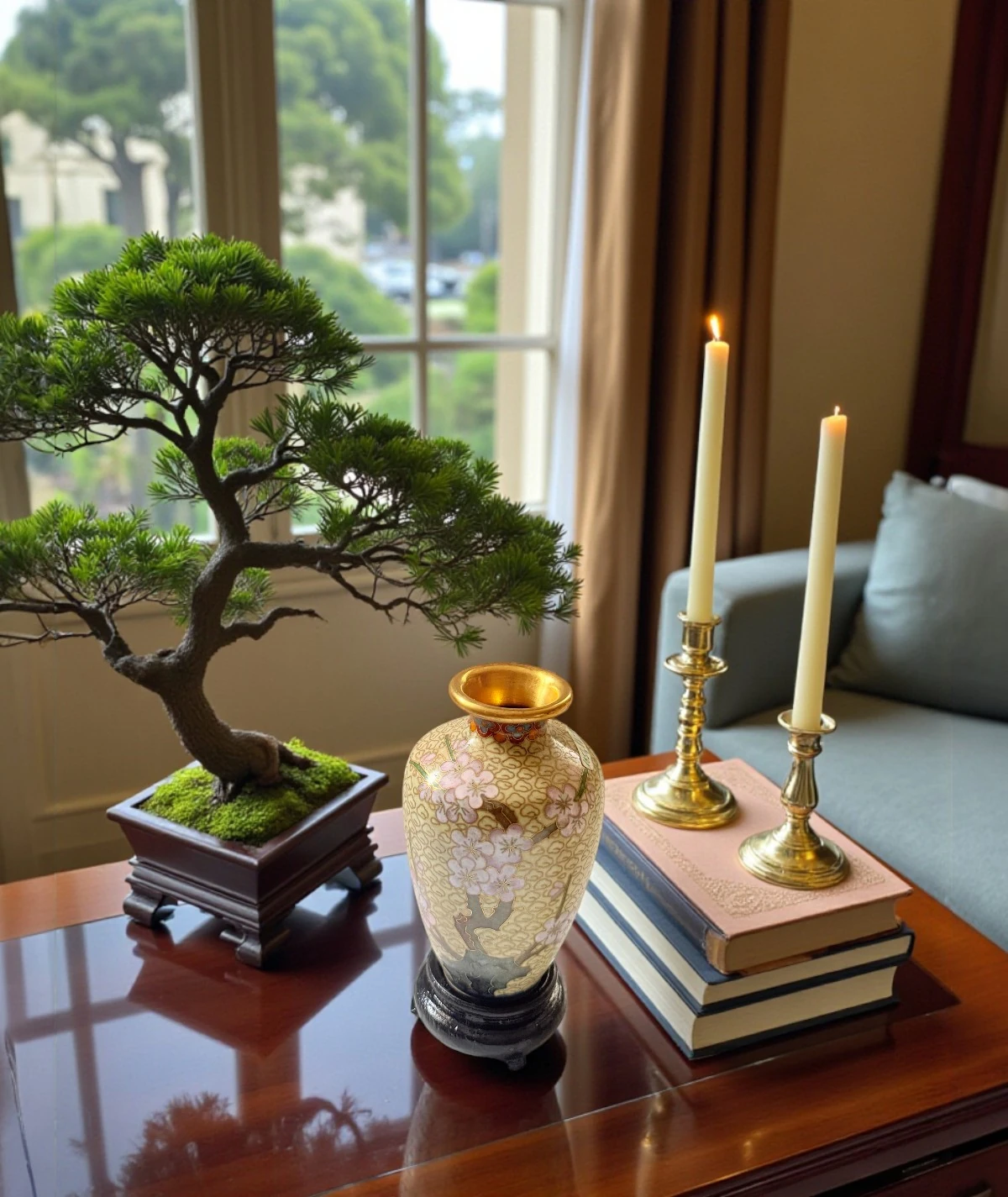 Japon Cloisonné Minyatür Vazo – Sakura Çiçekli, Altın Fonlu