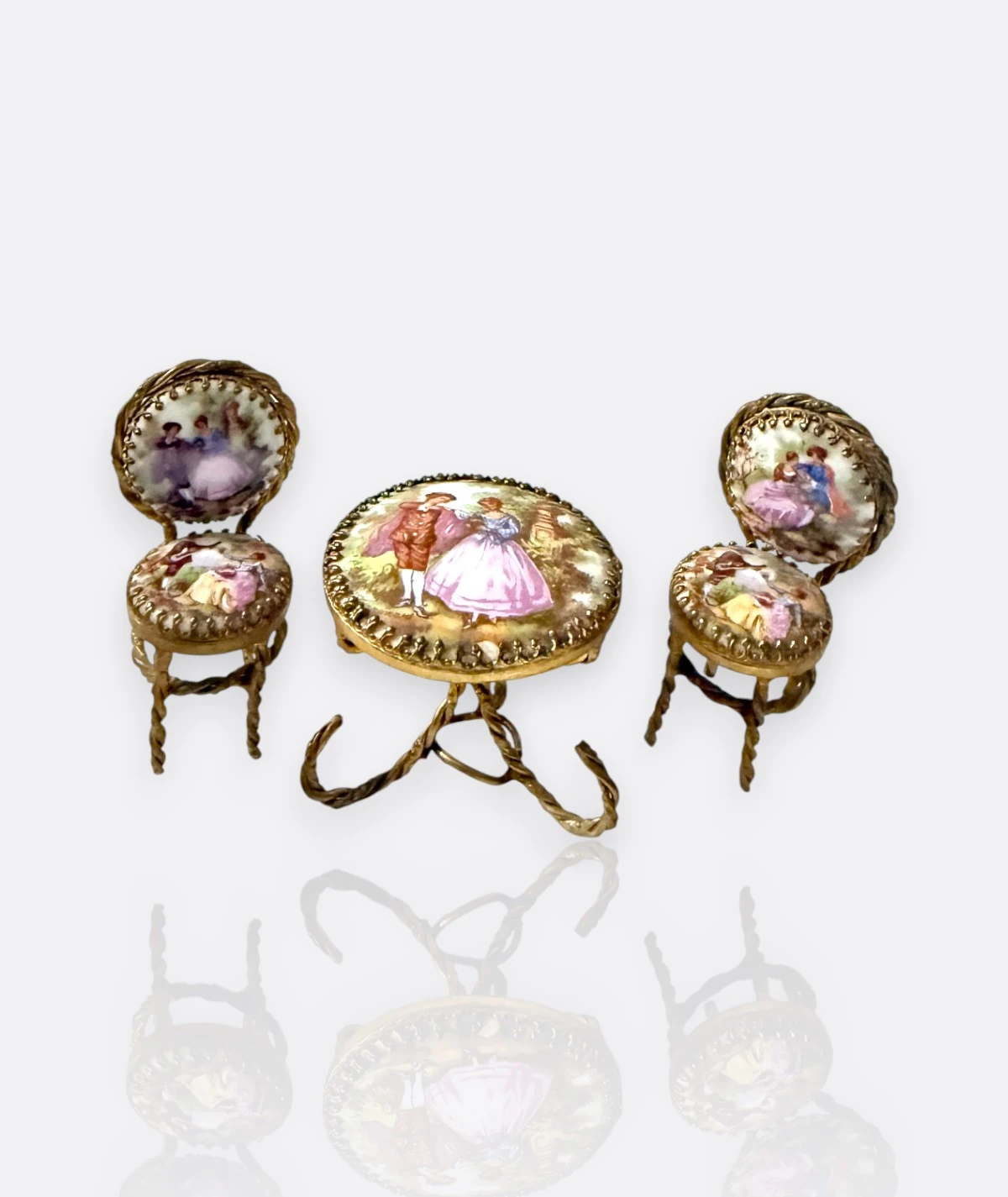 Limoges France – El Boyaması Rokoko Tarzı Minyatür Masa ve Koltuk Seti (3 Parça)