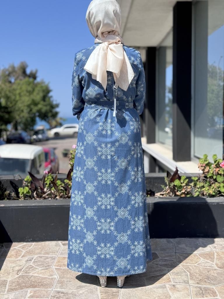 Miyazu Kuşaklı Baskı Detaylı Denim Elbise