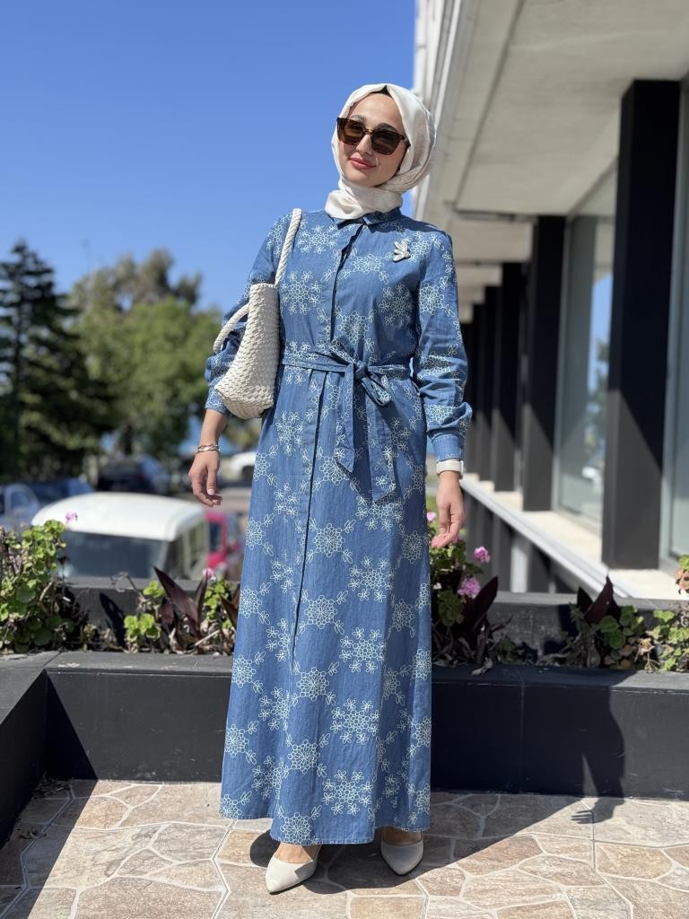 Miyazu Kuşaklı Baskı Detaylı Denim Elbise