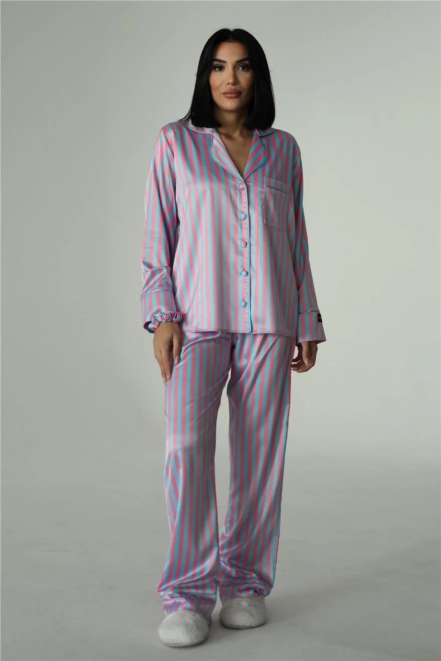 Strisce Fucsia Azzurro Saten Uzun Pijama Takımı 
