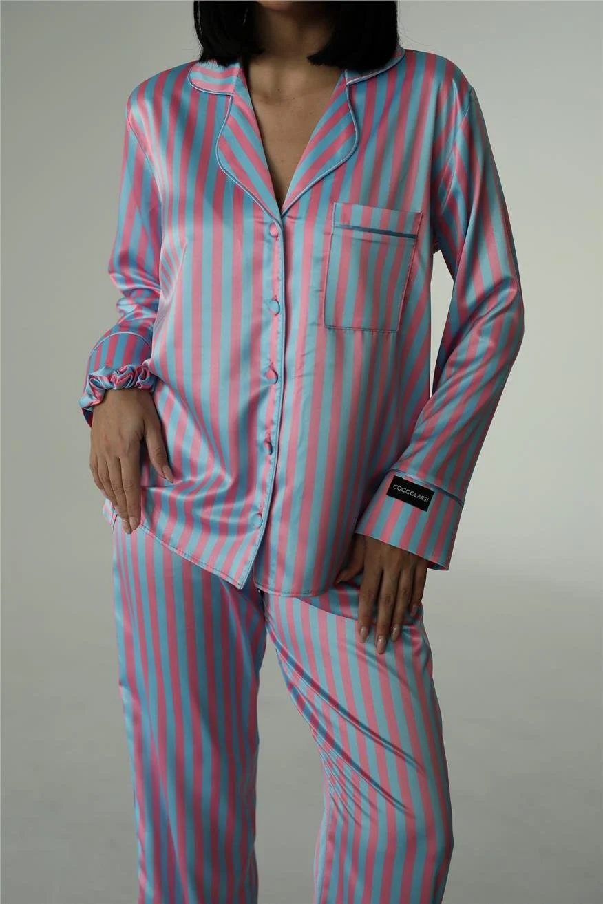 Strisce Fucsia Azzurro Saten Uzun Pijama Takımı 