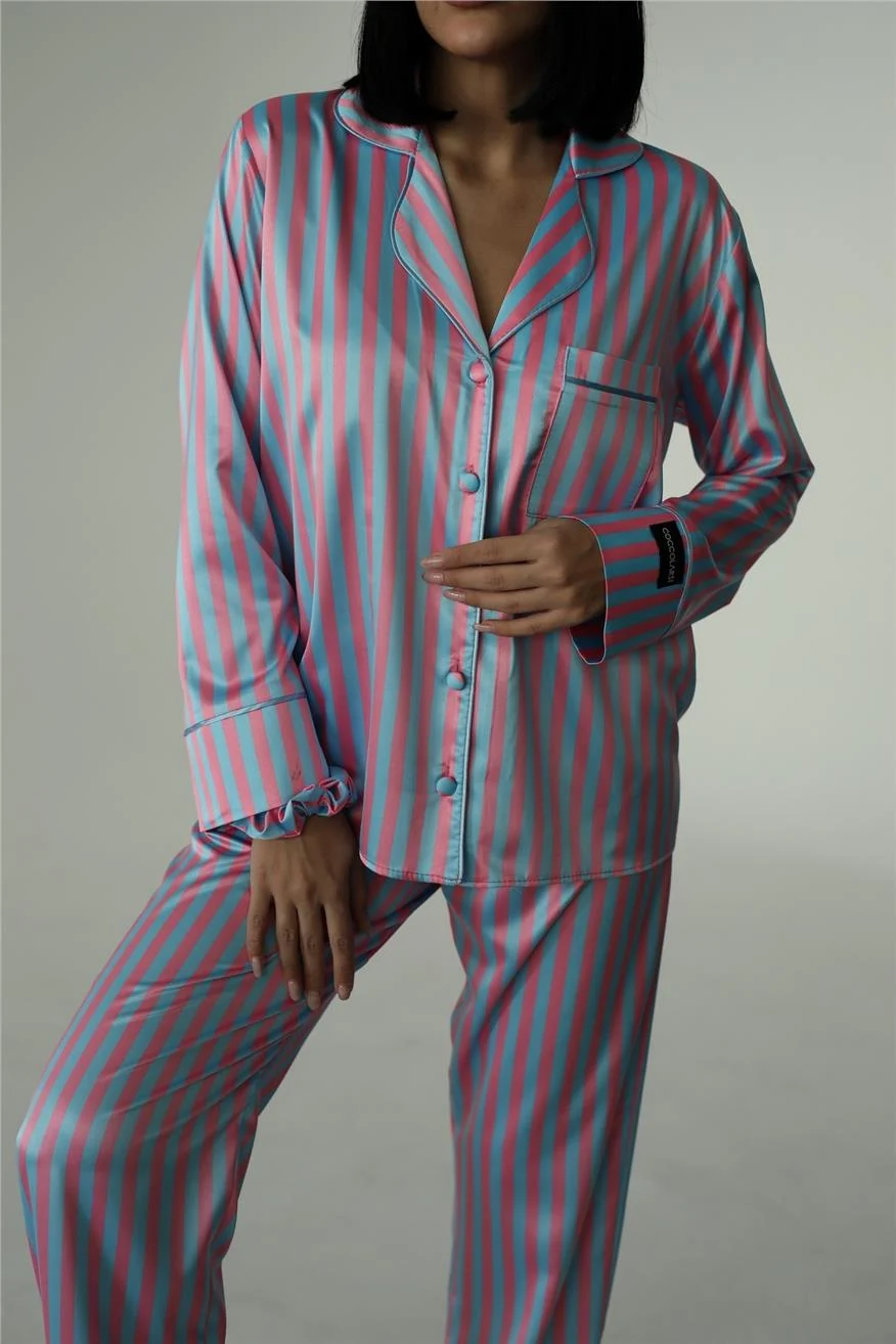 Strisce Fucsia Azzurro Saten Uzun Pijama Takımı 
