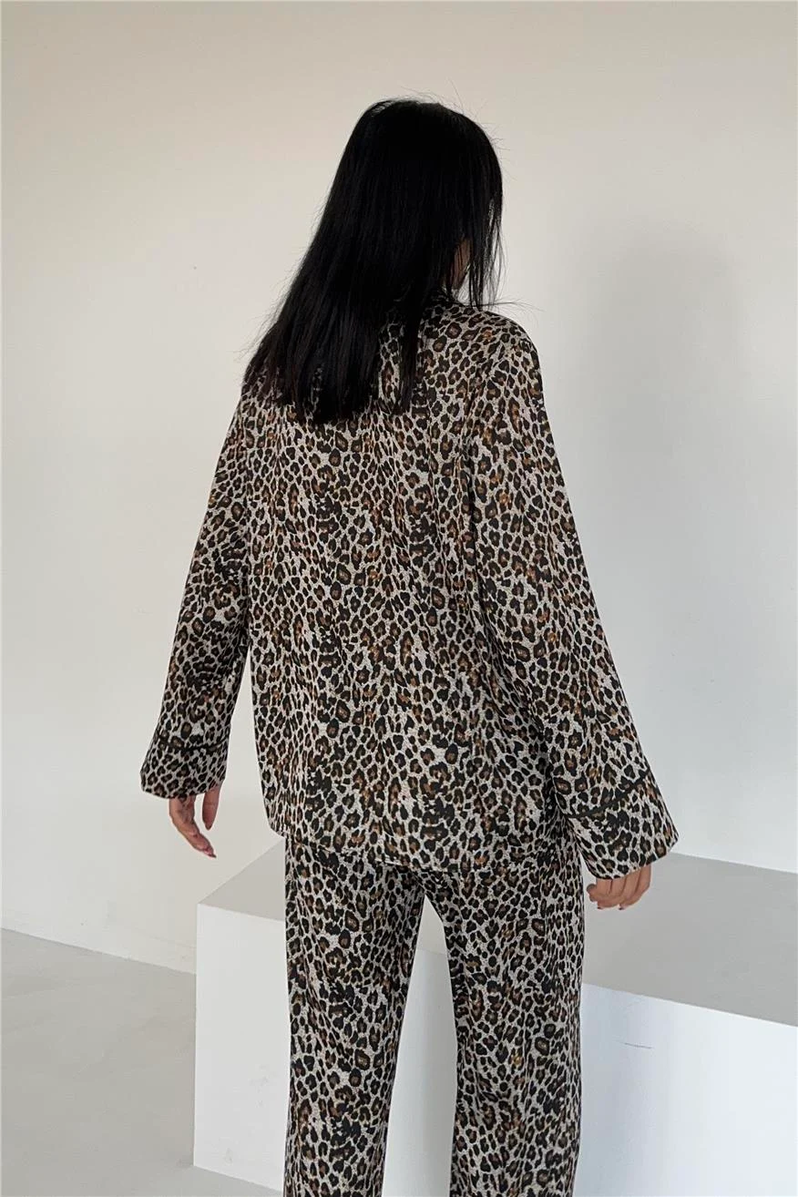 Leopar Saten Uzun Pijama Takımı
