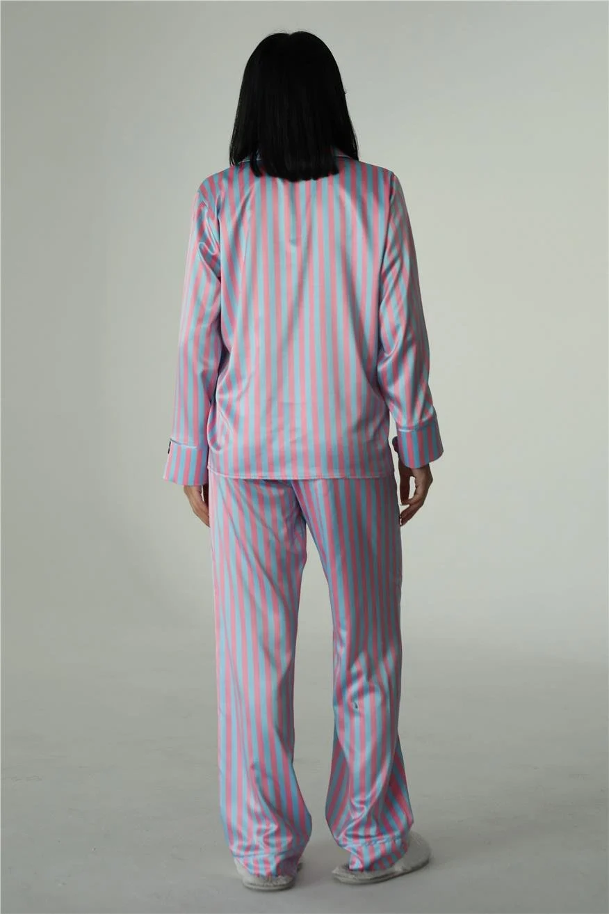 Strisce Fucsia Azzurro Saten Uzun Pijama Takımı 