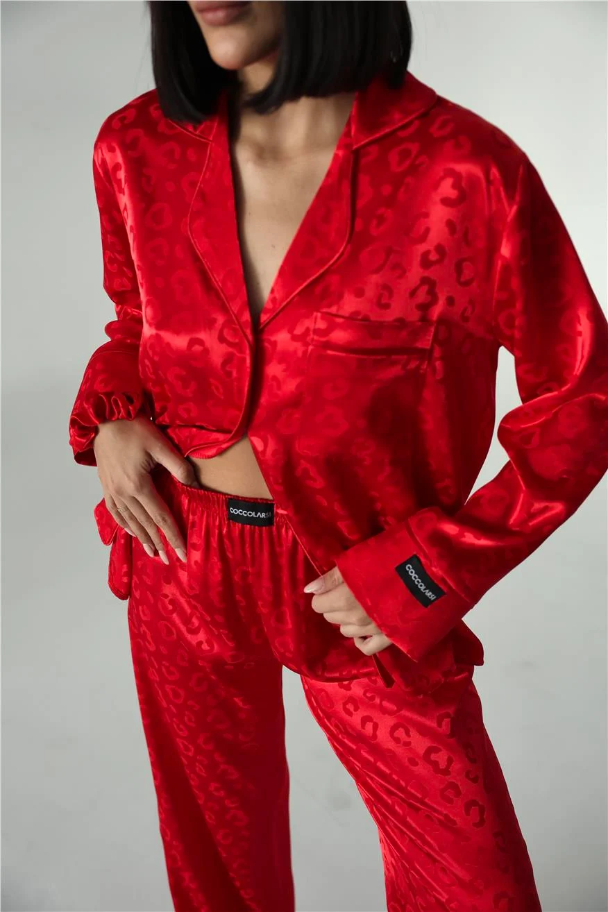 Kırmızı Jakarlı Saten Uzun Pijama Takımı