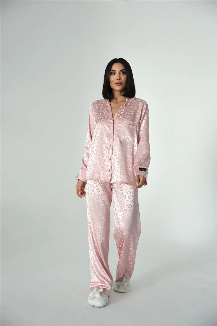 Pudra Jakarlı Saten Uzun Pijama Takımı
