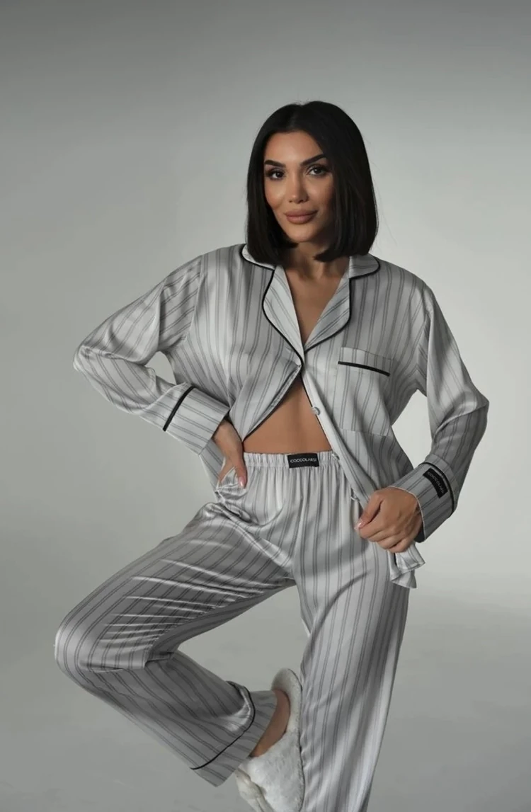 Gri Çizgili Saten Pijama Takımı
