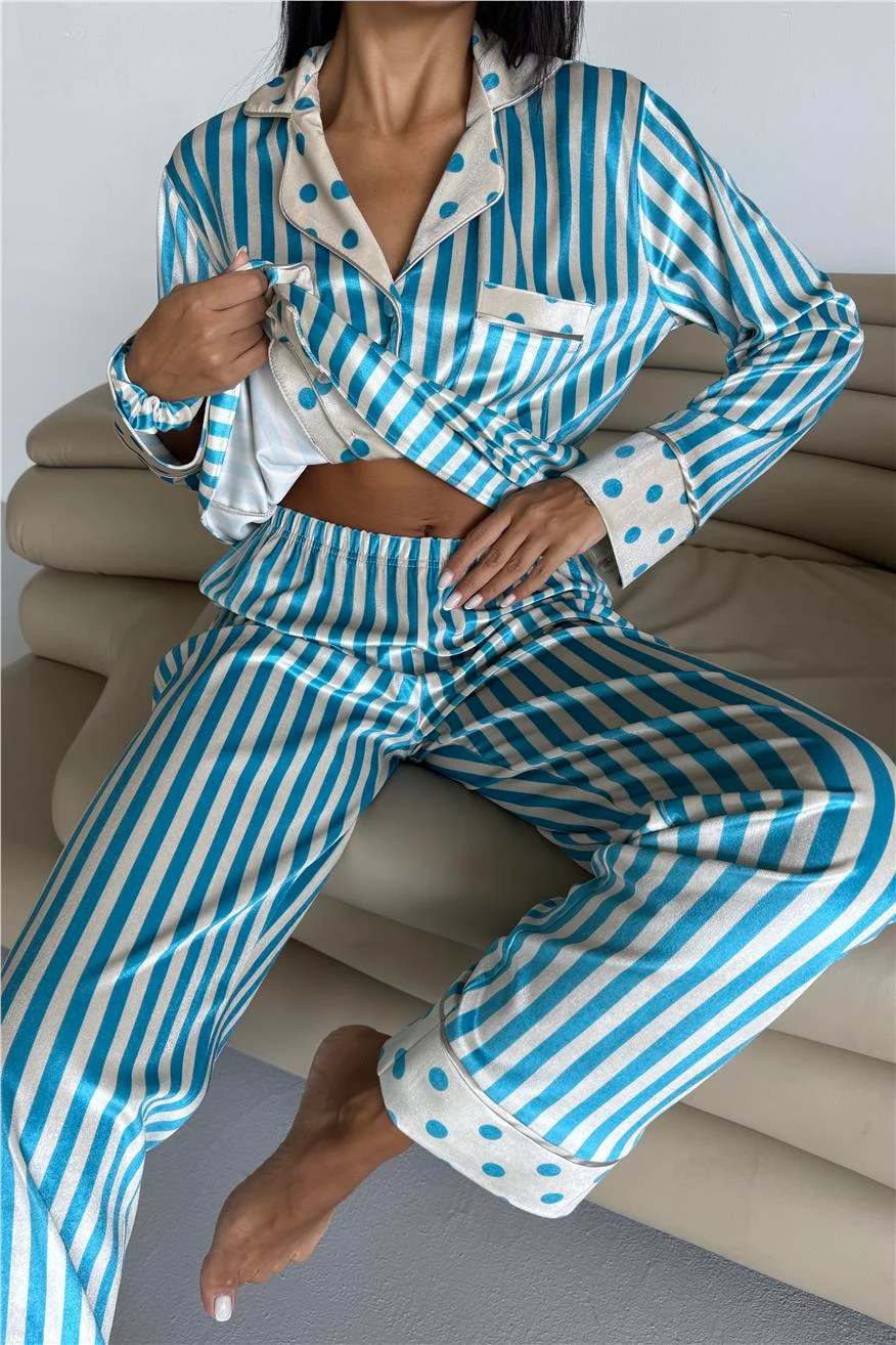 Bej Mavi Kadife Uzun Pijama Takımı