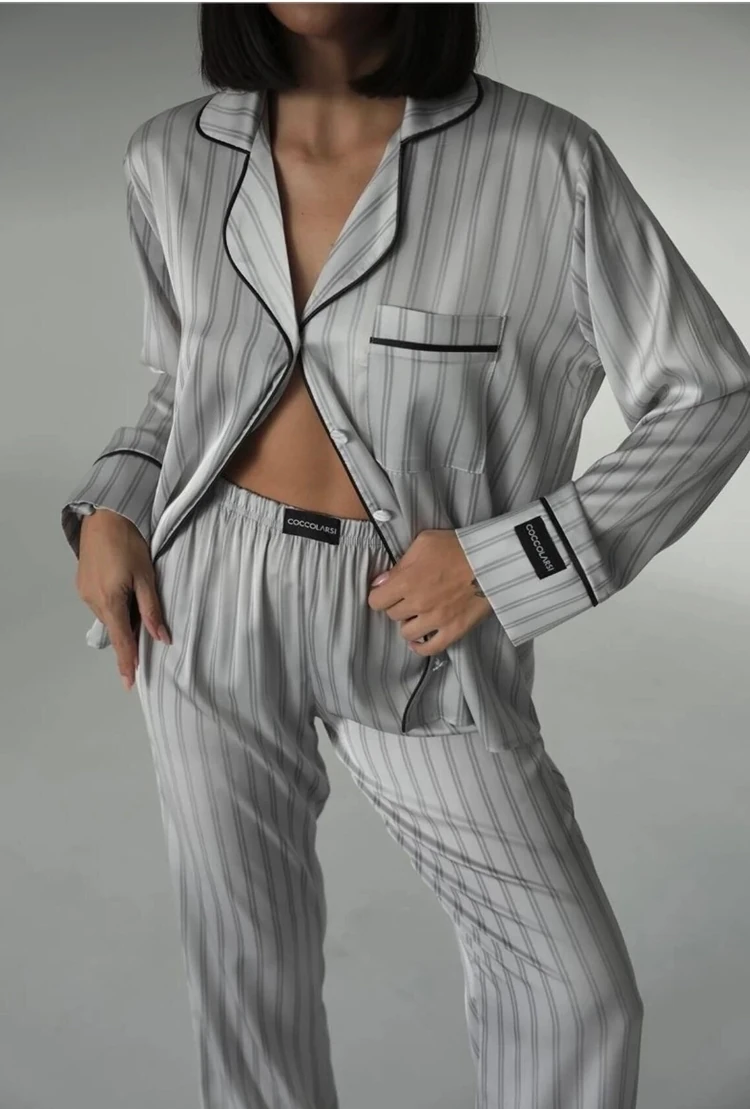 Gri Çizgili Saten Pijama Takımı