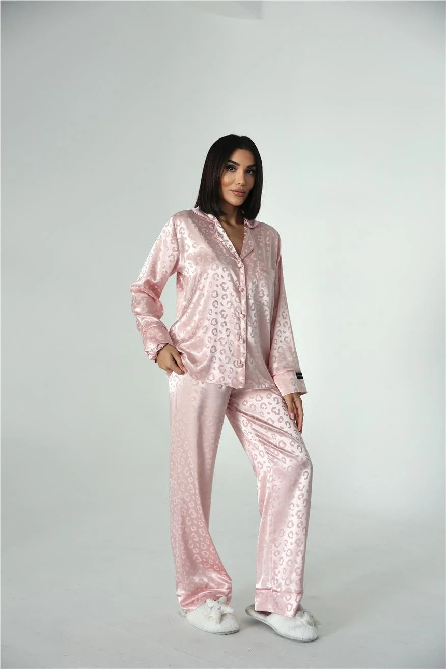 Pudra Jakarlı Saten Uzun Pijama Takımı