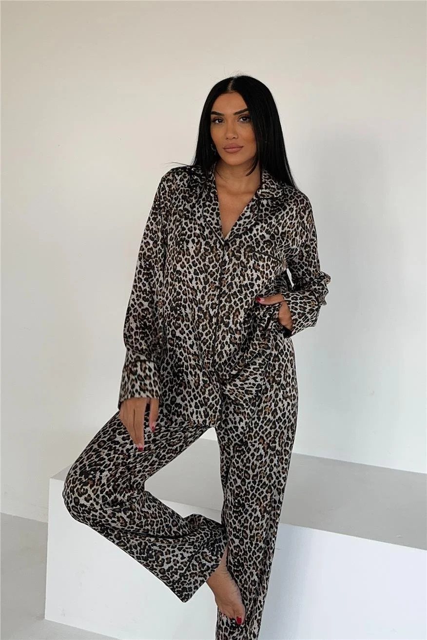 Leopar Saten Uzun Pijama Takımı