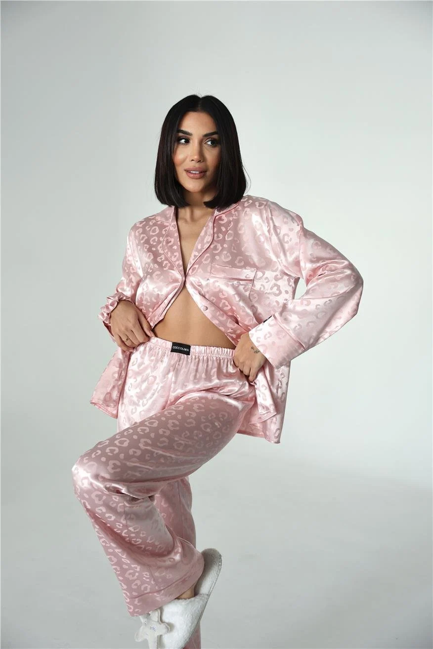 Pudra Jakarlı Saten Uzun Pijama Takımı