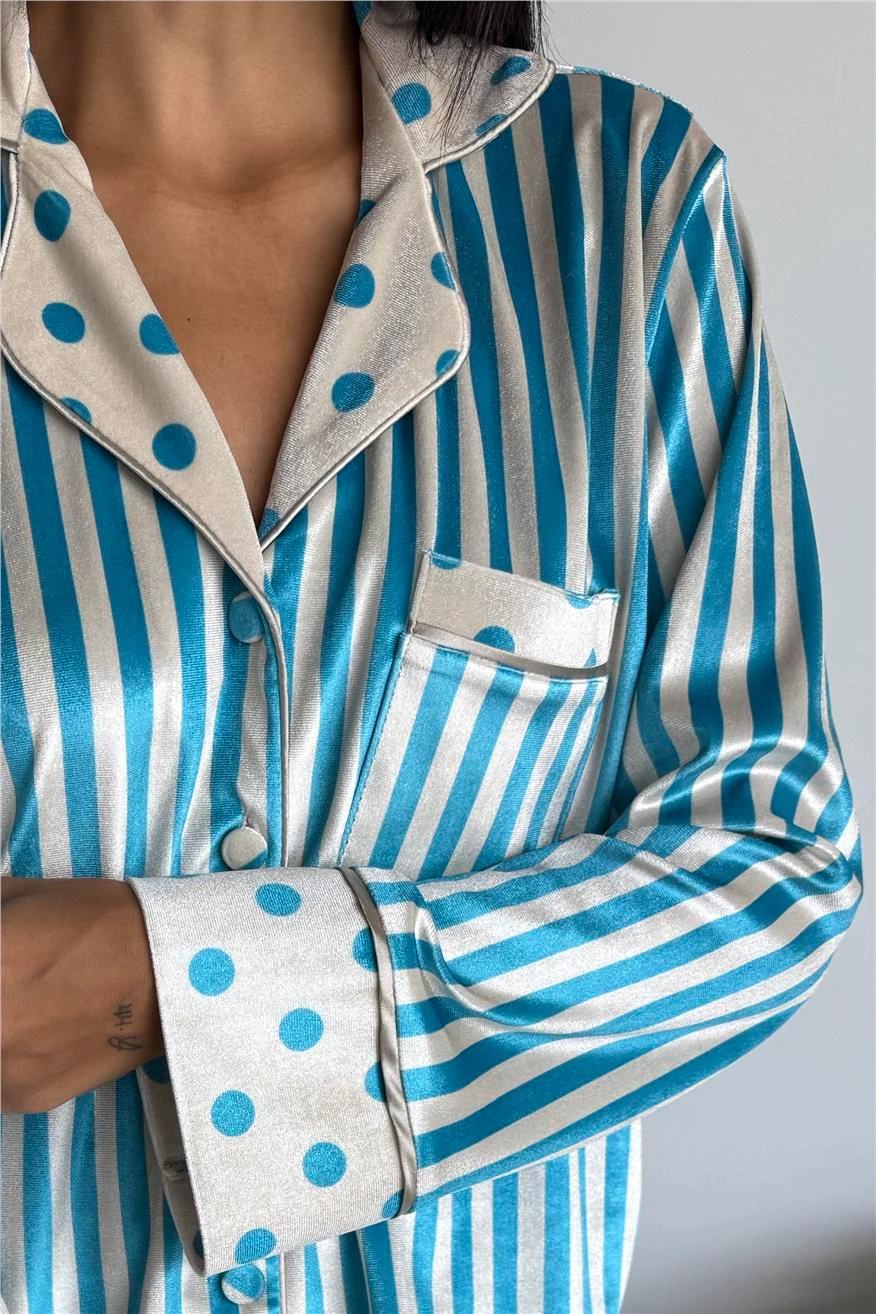 Bej Mavi Kadife Uzun Pijama Takımı