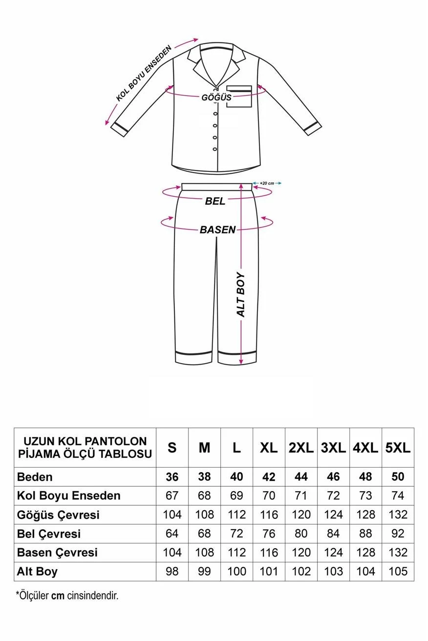 Strisce Fucsia Azzurro Saten Uzun Pijama Takımı 