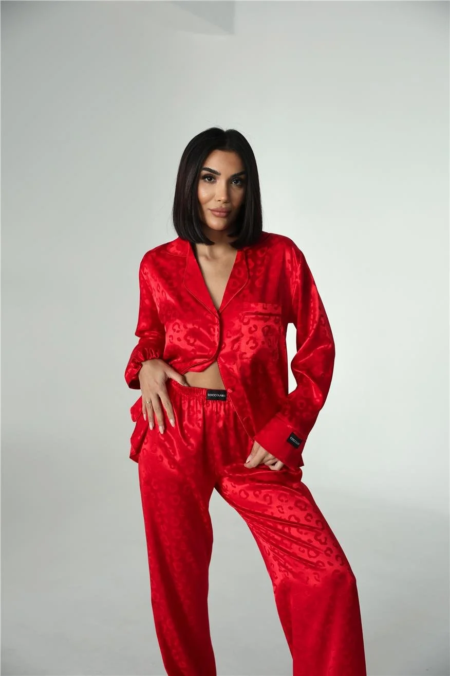 Kırmızı Jakarlı Saten Uzun Pijama Takımı