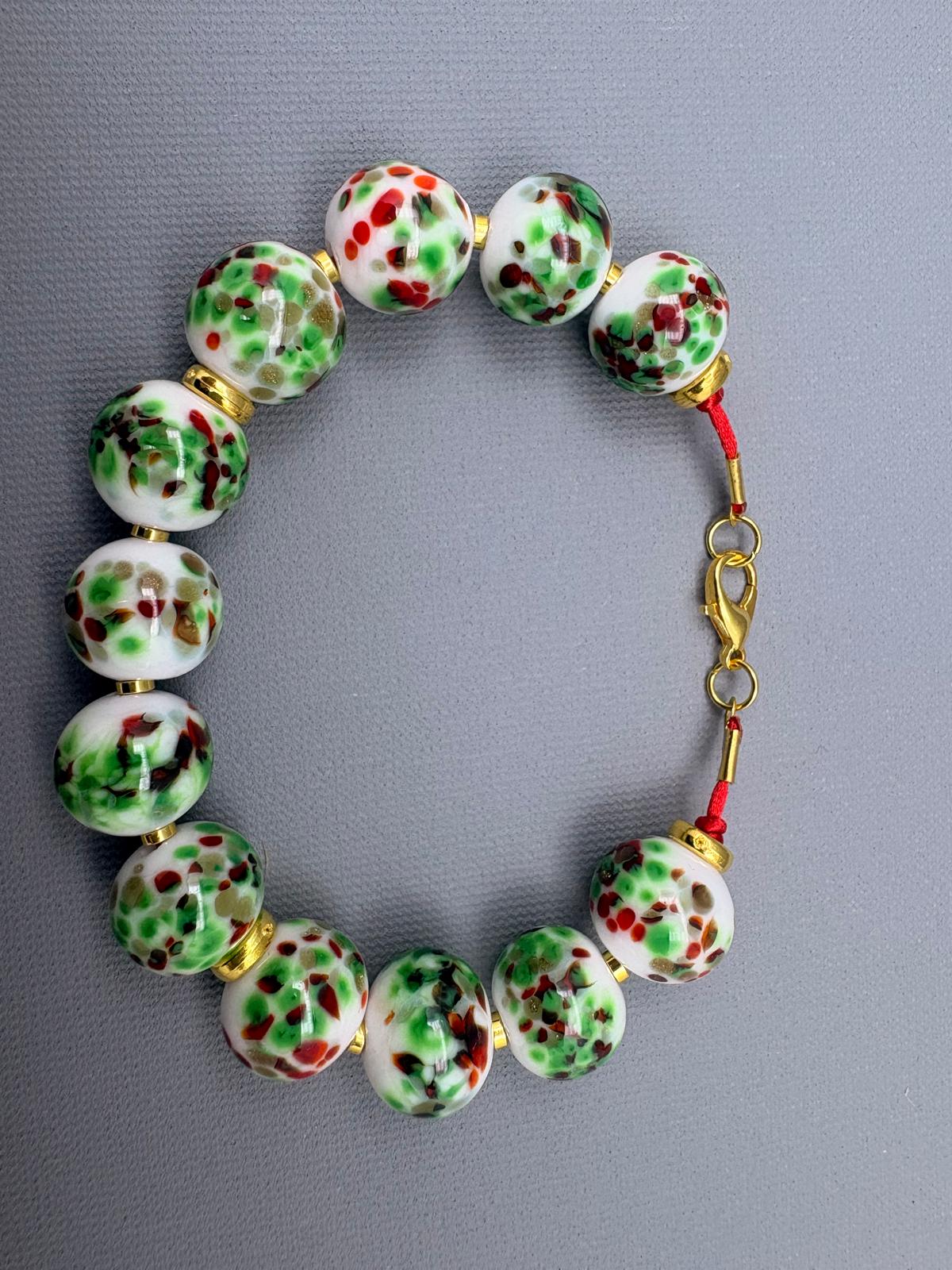 Kırmızı Yeşil Beyaz Yaldızlı Murano Cam Bileklik 