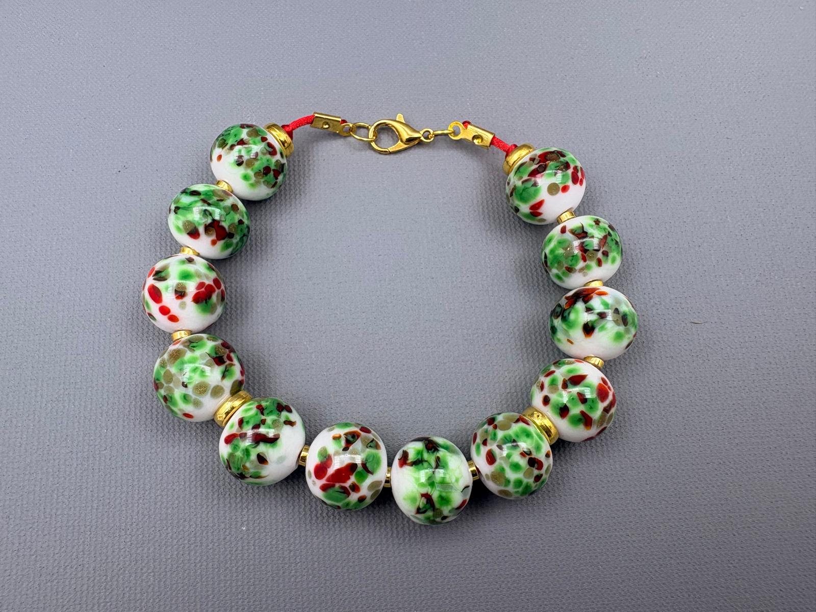 Kırmızı Yeşil Beyaz Yaldızlı Murano Cam Bileklik 