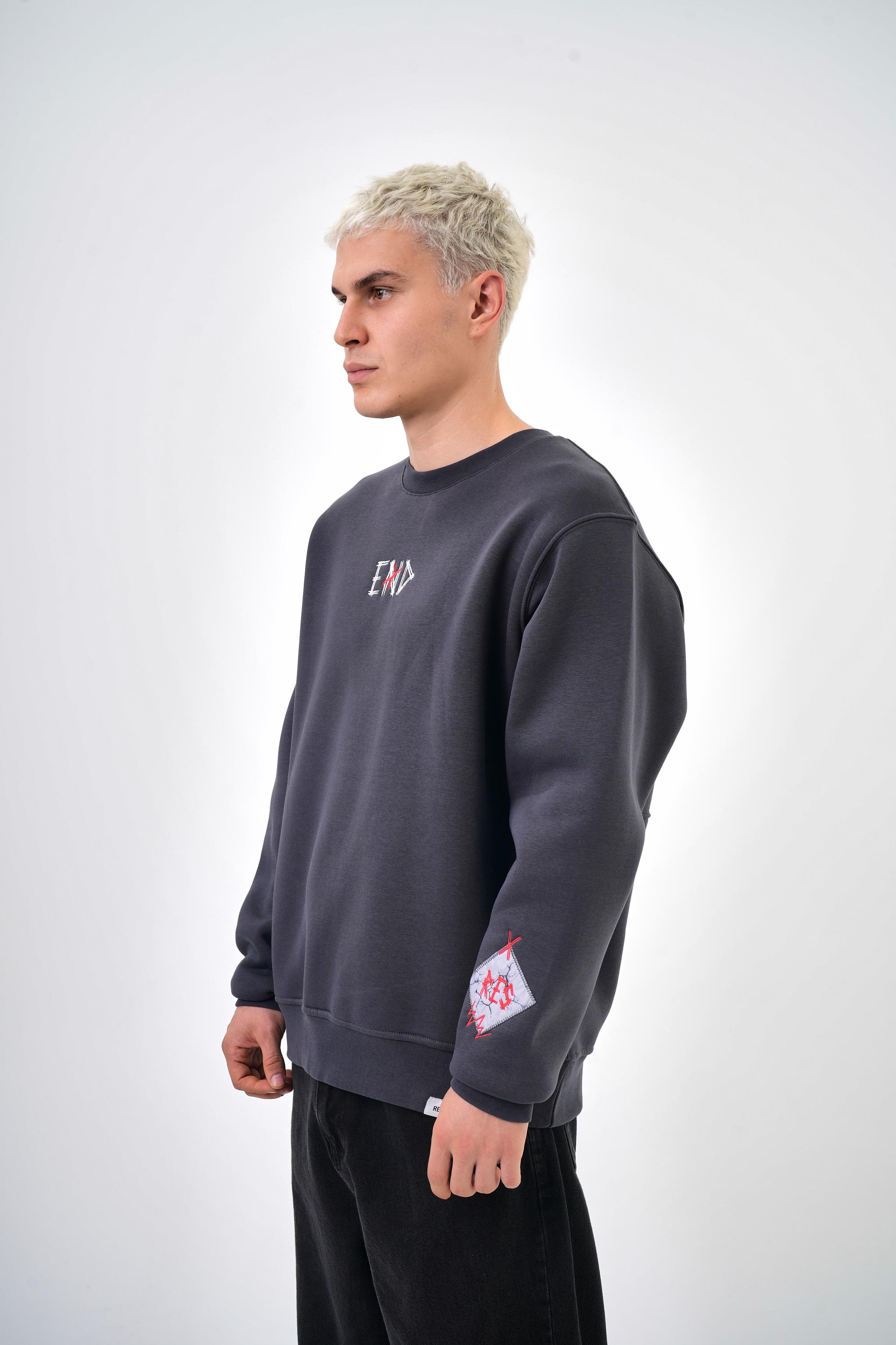 Erkek Oversize Baskılı Sweatshirt - Füme