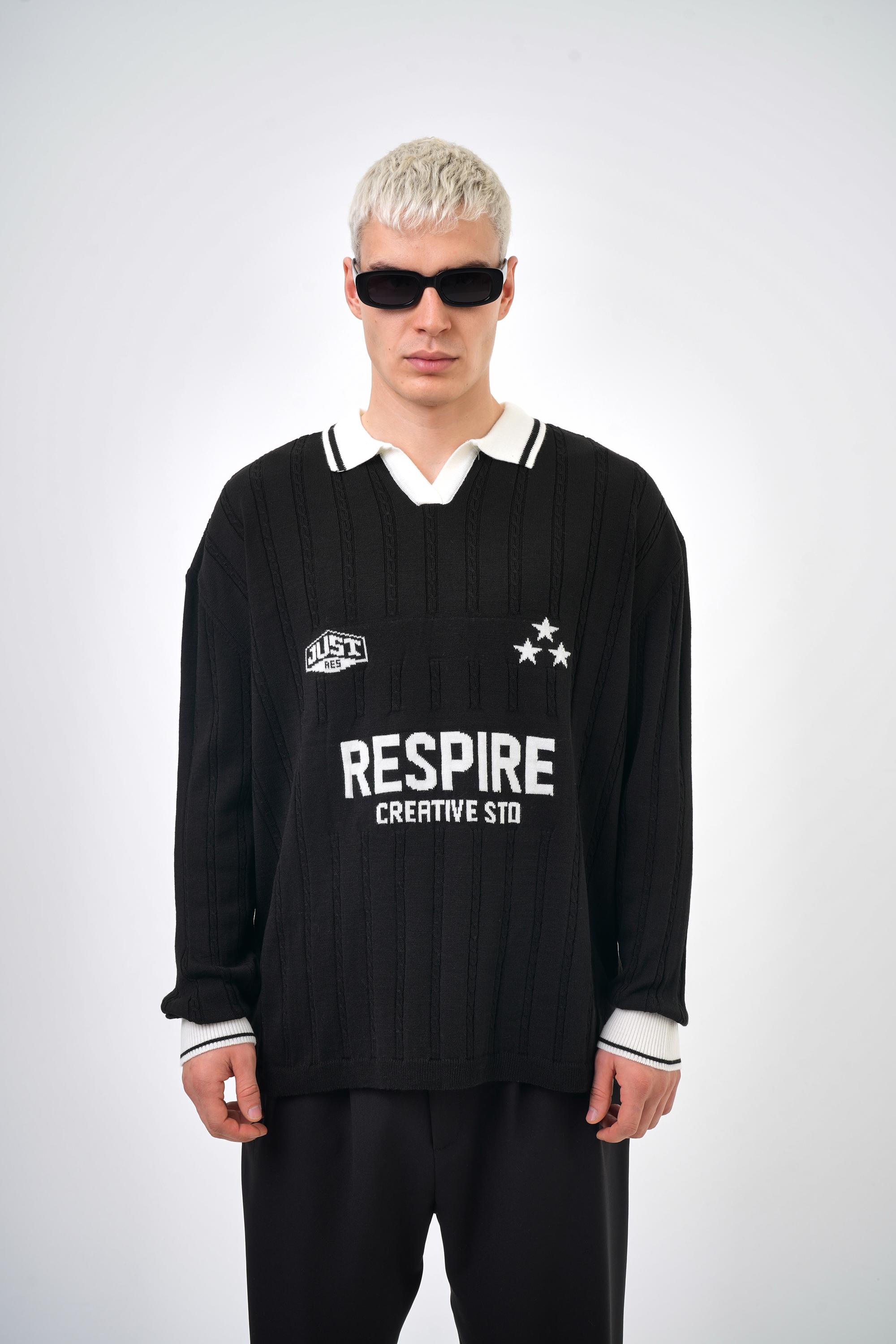 Respire Creatice Std Yazılı Polo Yaka Oversize Triko - Siyah