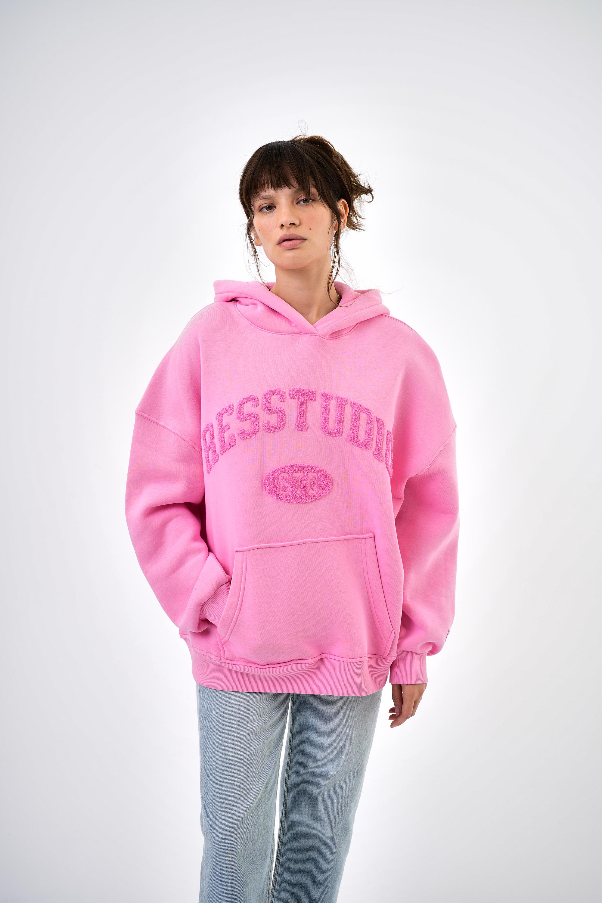 Kadın Res Studio Yazılı Kanguru Cepli Kapüşonlu Oversize Hoodie - Pembe