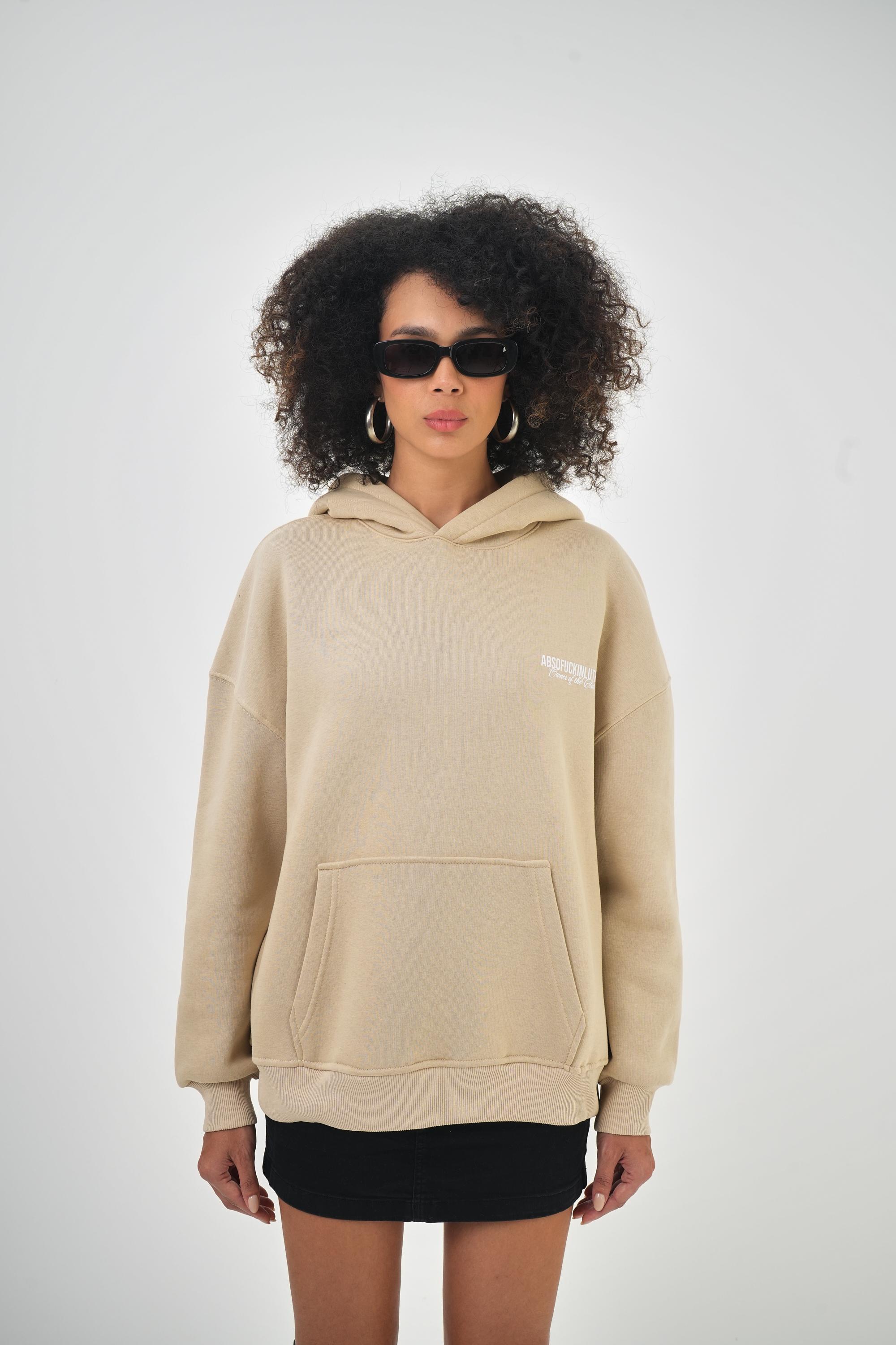 Kadın Absofuckinlutely Yazılı Kanguru Cepli Kapüşonlu Oversize Hoodie - Bej