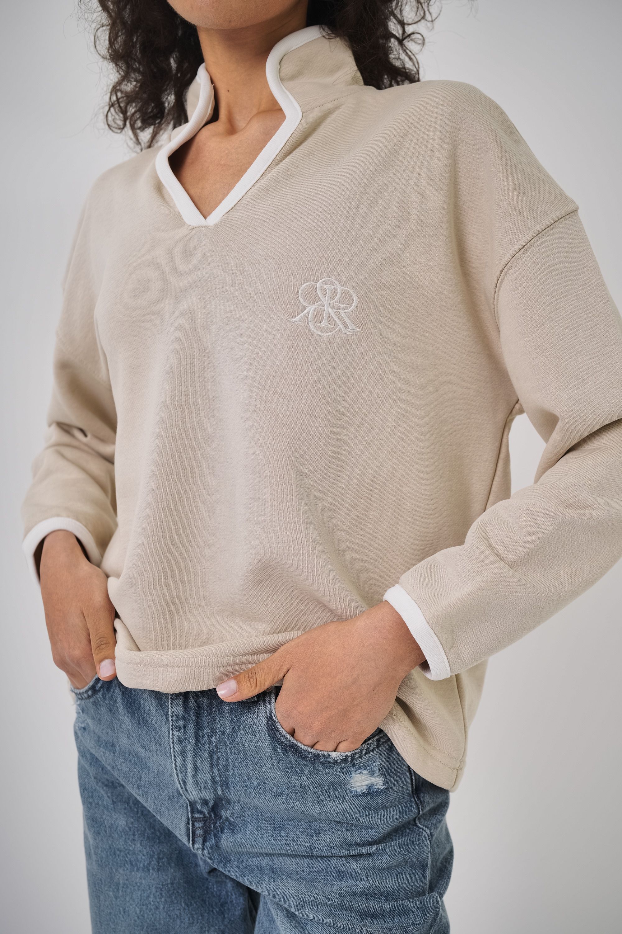 Kadın Yaka Detaylı Casual Kadın Sweatshirt - Bej