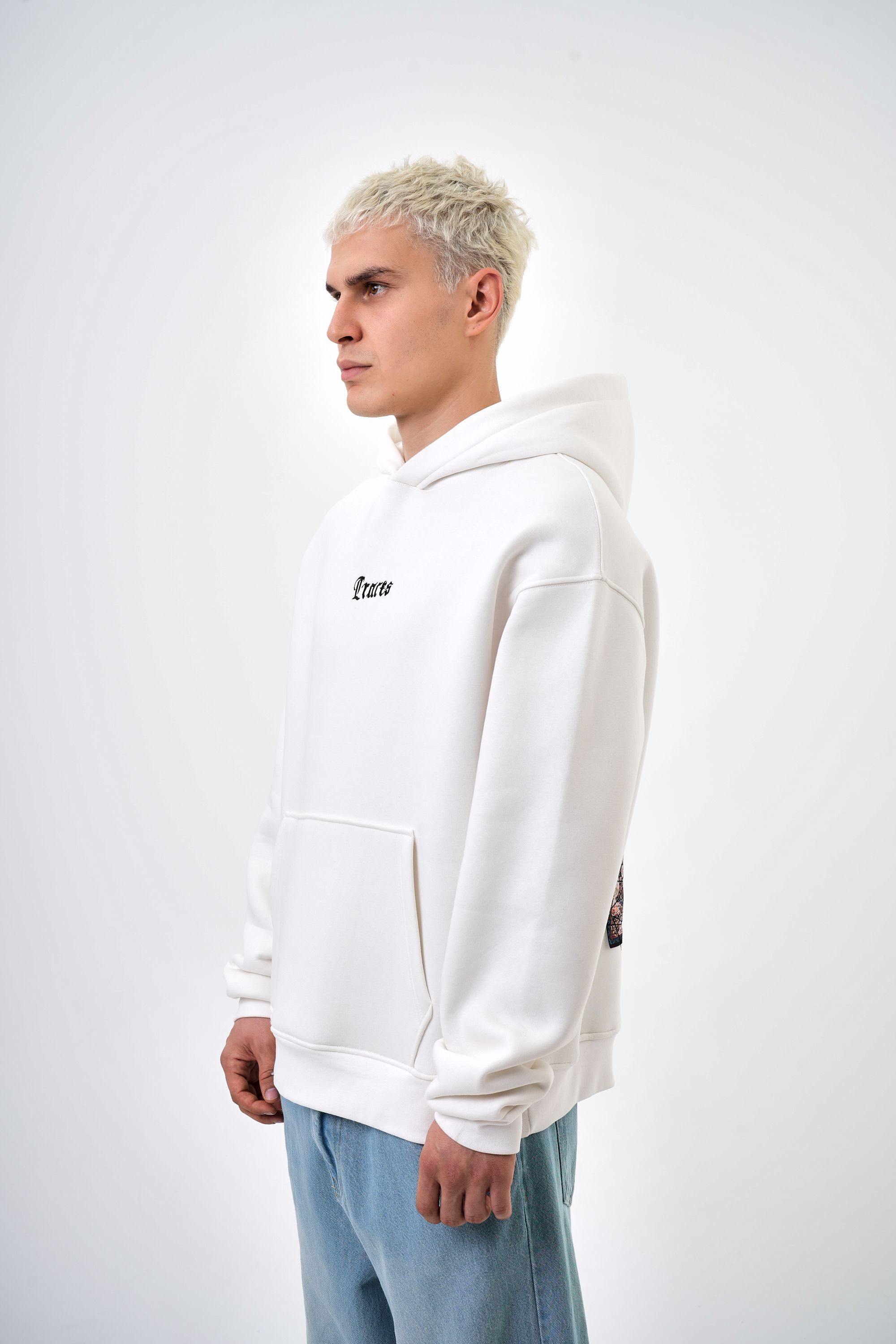 Erkek Oversize Traces Baskılı Hoodie - Ekru