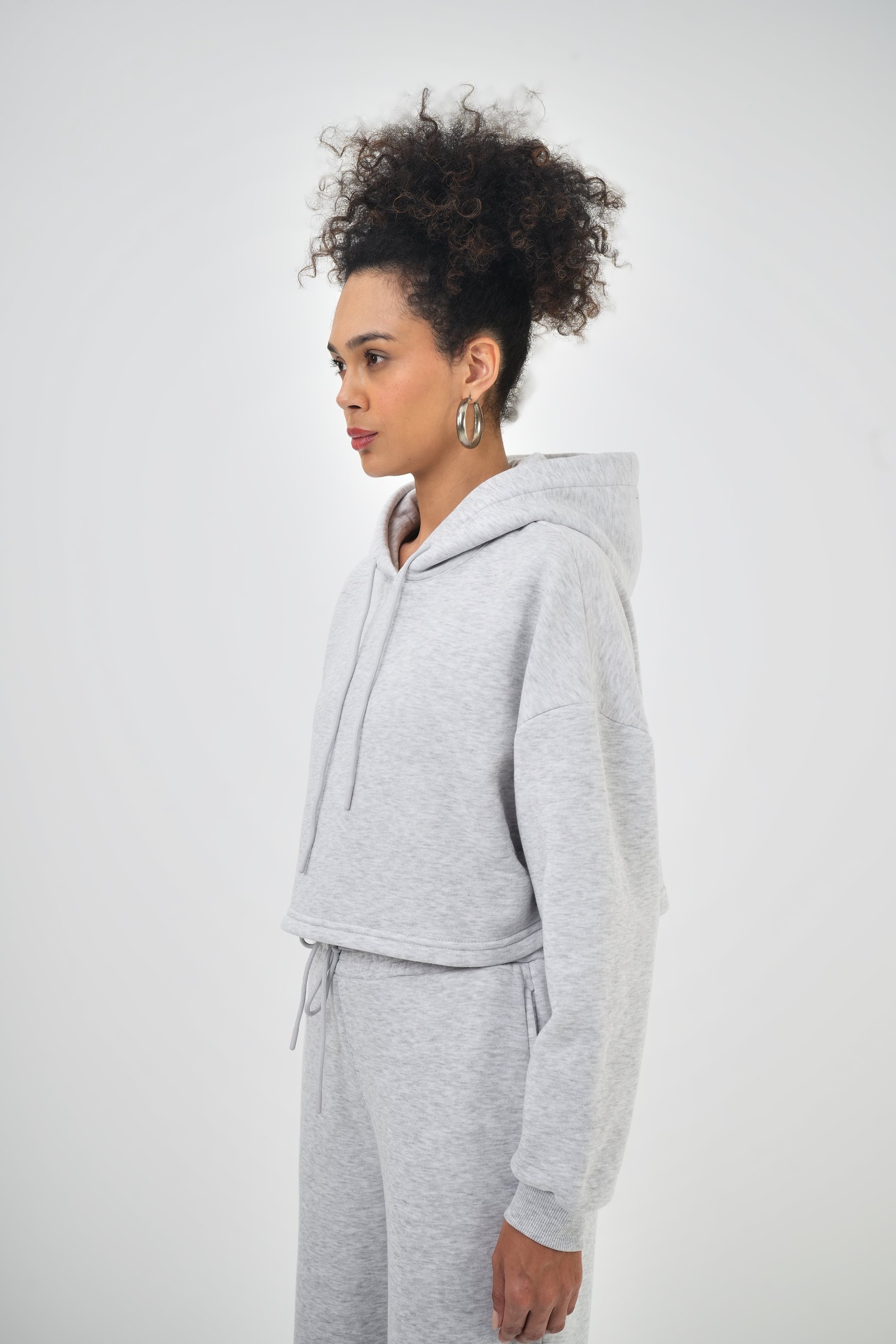 Kadın Kapüşonlu Bağcık Detaylı Oversize Basic Crop Hoodie - Kar Melanj