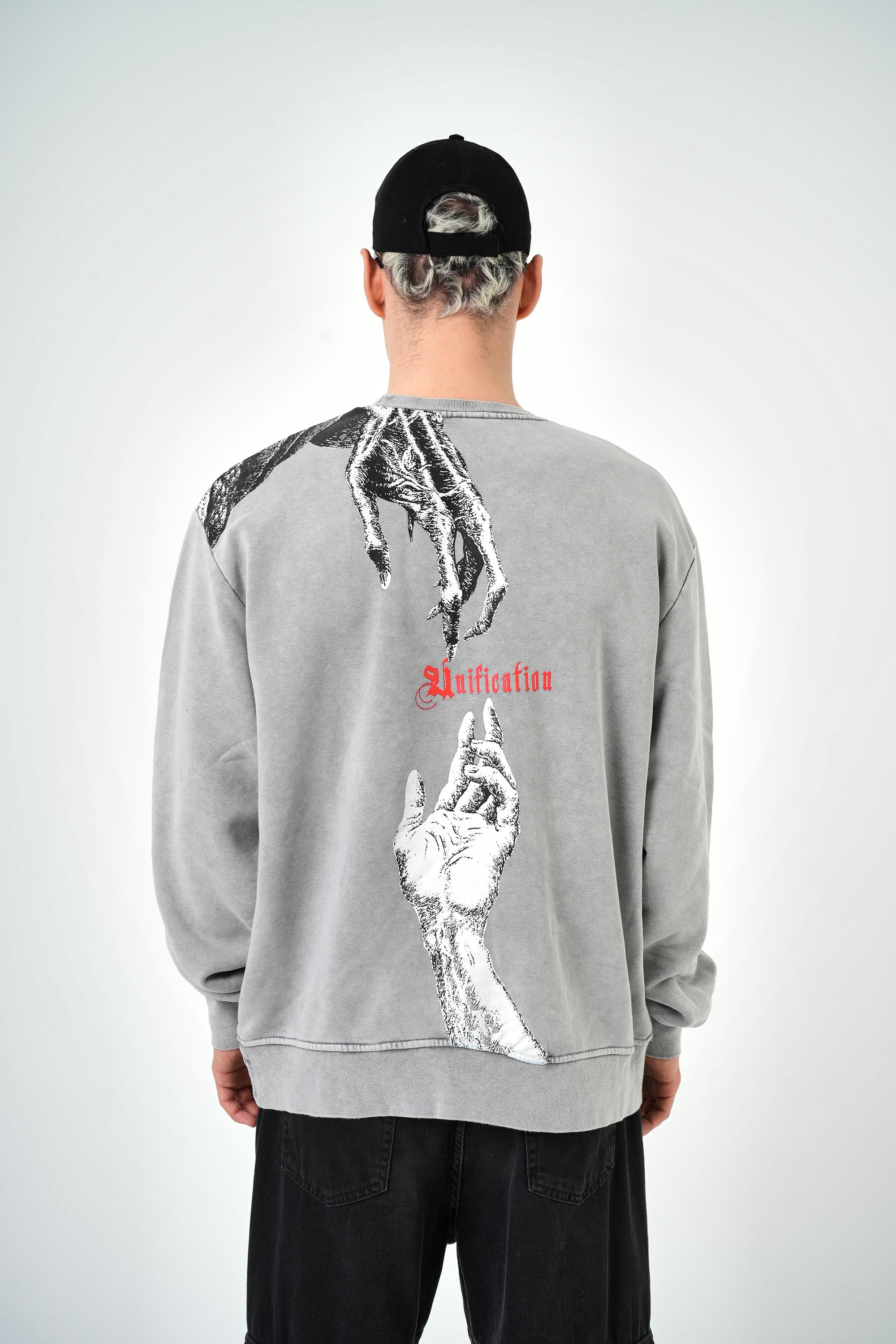 Erkek Oversize Unification Baskılı Yıkamalı Sweatshirt - Gri