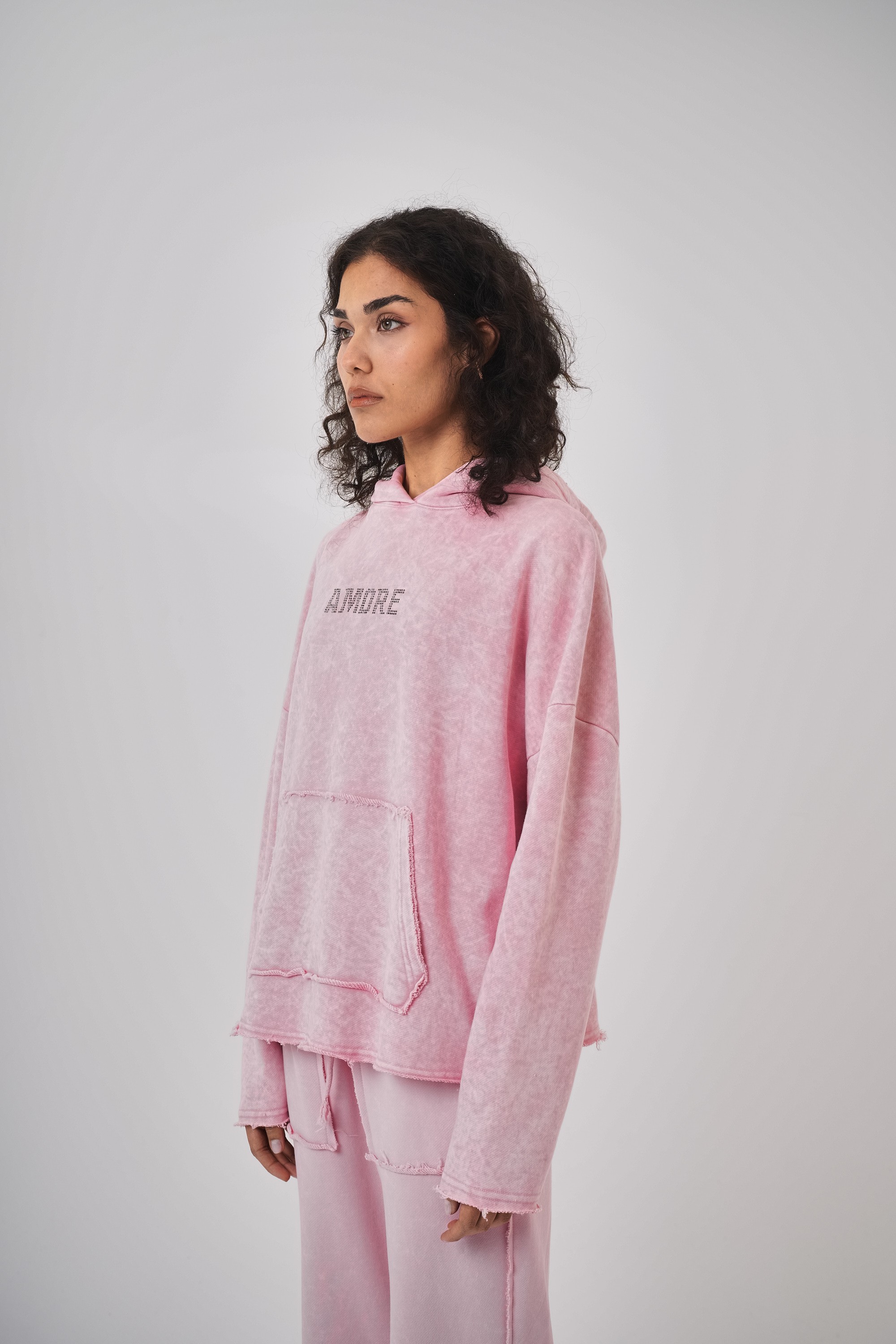 Kadın Yıkamalı Amore Detaylı Hoodie Takım - Pembe