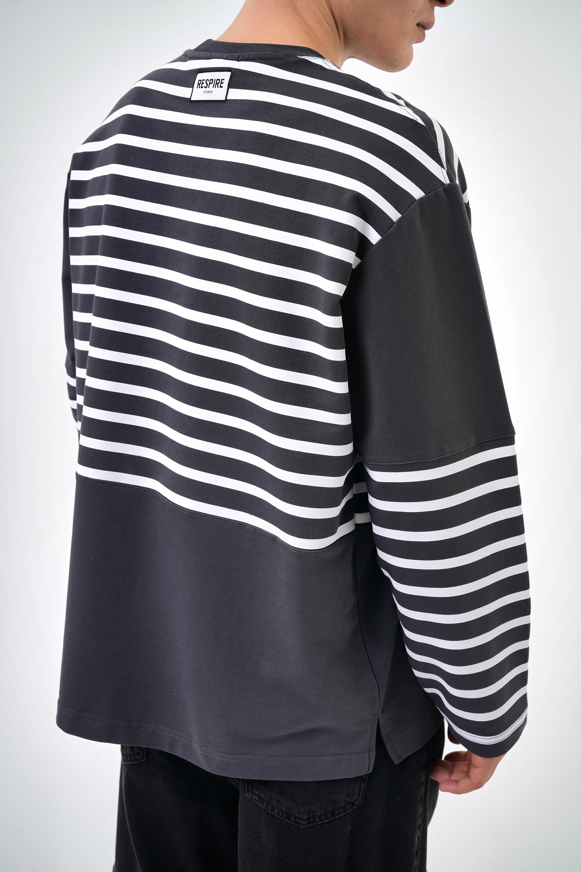 Erkek Overisize Çizgili Striped Sweatshirt   - Füme