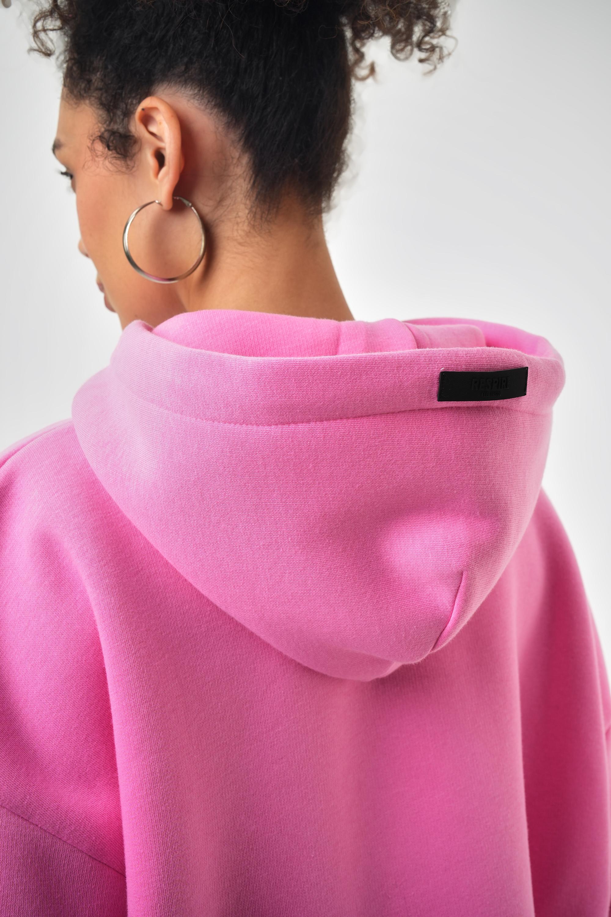 Kadın Kanguru Cepli Kapüşonlu Basic Oversize Hoodie - Pembe